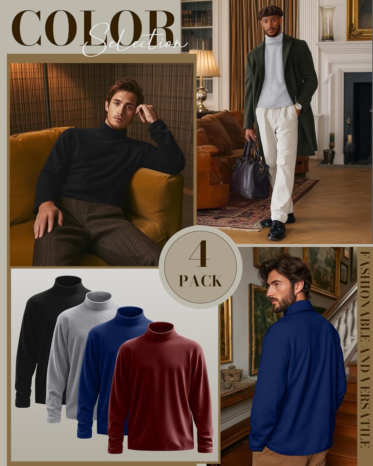 4 Pack Men's Turtleneck Shirts, Long Sleeve Thermal Sweaters Solid Casual Pullover Tops Basic Undershirts - Image 4