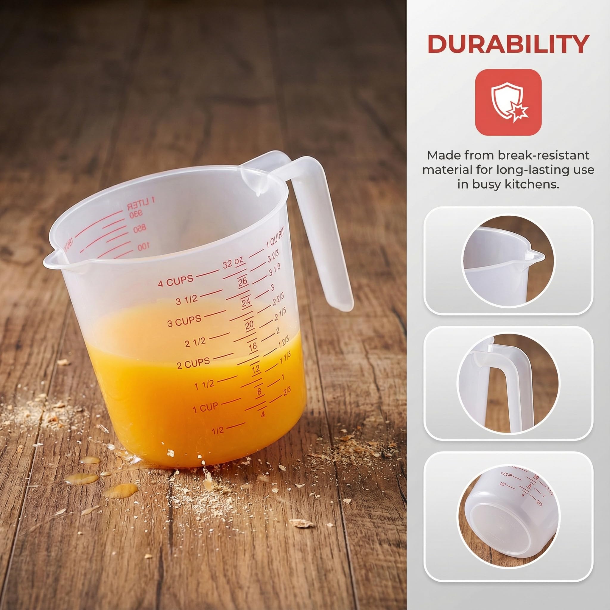 8 tazas medidoras de plástico con capacidad para 4 tazas, 32 onzas/1000 ml, tazas medidoras graduadas transparentes con boquilla y asas, marca de taza de onzas y ml para ingredientes de recetas,