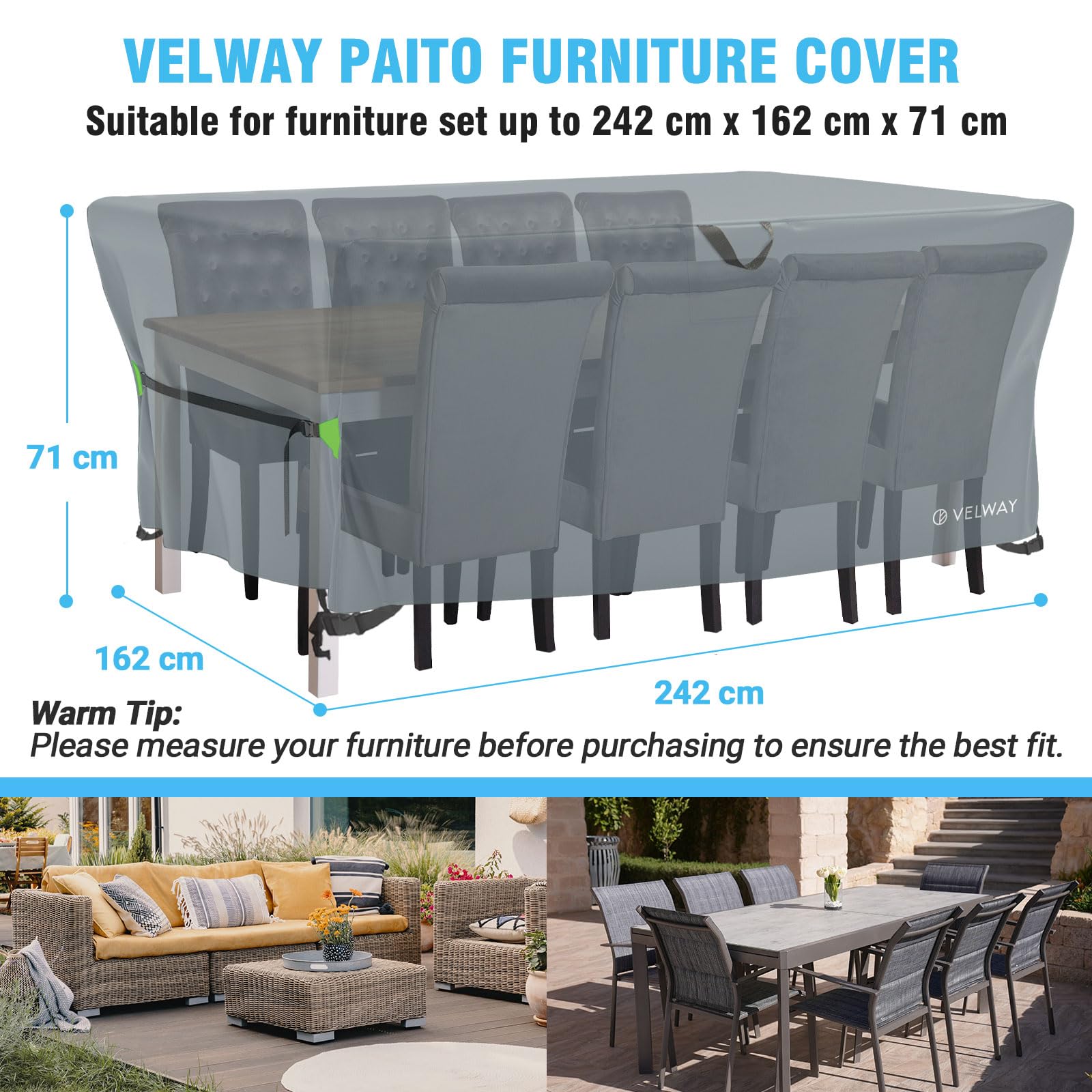 Velway Coperture per Mobili Impermeabile - 242x162x71cm Copertura Tavolo Giardino Esterno con sfiato d'Aria Antivento Telo Copri Tavolo Arredo Rettangolare - Grigio