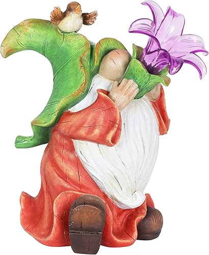 Exhart Gnomo de jardín, estatua solar de jardín, flor de lirio LED, decoración de césped y patio al aire libre, 10 x 6.5 x 10.5 pulgadas