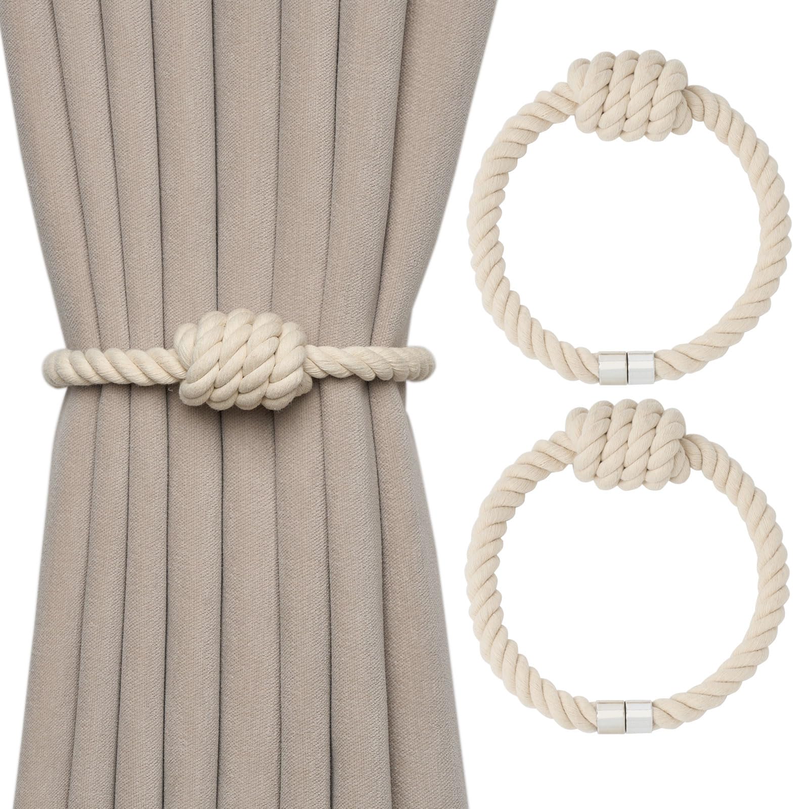Pretty Jolly 2 Pack Natural Cotton Rope Magnetic Curtain Tiebacks Boho Style Drape Tie Backs Elegant Hand Weave Rope Knot Decorative Curtain Holdbacks for Home & Office Window Drapery (Dark Green) — image 1