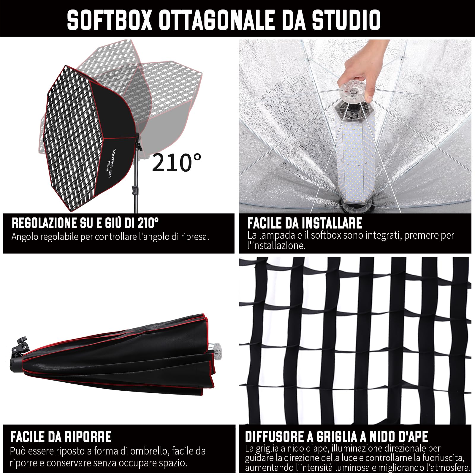 Set di Illuminazione Softbox Ottagonale da 110 W, 95 cm, con Griglia a Nido d'Ape/Telecomando/Supporto Luminoso, per Fotografia, Studio Fotografico, Ritratti, Trasmissione Live