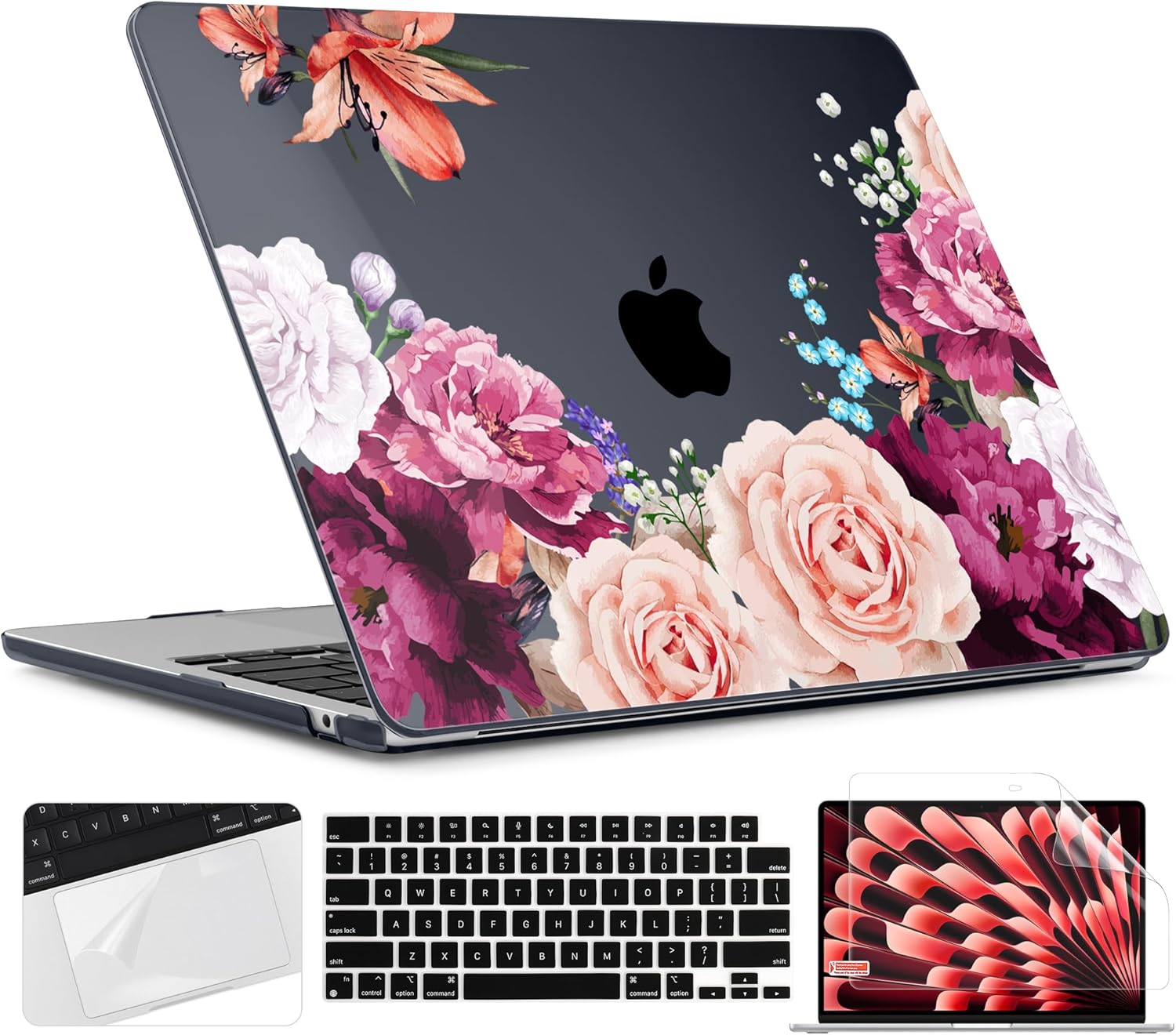 TWOLSKOO for MacBook Air 13 inch Case M5 2026 M4 2025 M3 M2 2024-2022 A3449 A3240 A3113 A2681, Plastic Hard Shell & Keyboard Cover & Screen Film for MacBook Air 13.6 inch Case, Black Peony