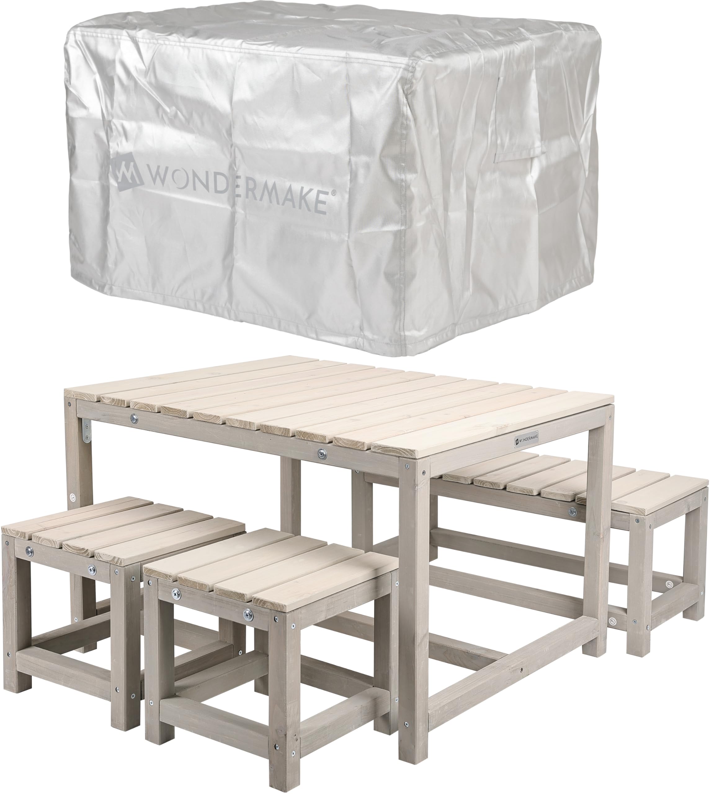 WONDERMAKE Design Kindersitzgruppe Outdoor Garten Holz mit Abdeckung – 4-teilig, Beige-Grau
