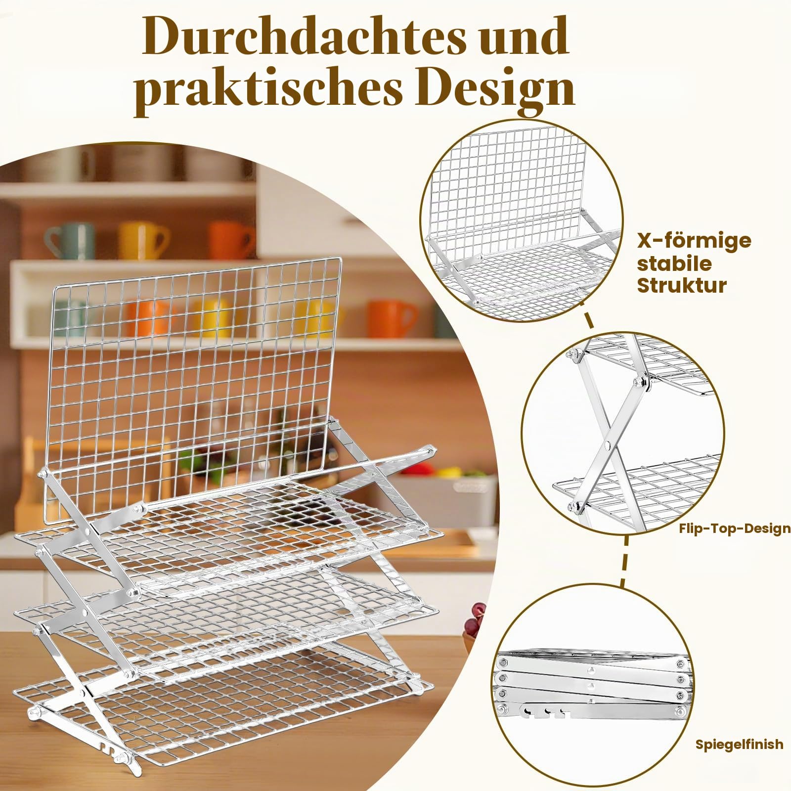 BEWOS Zusammenklappbares Kühlgitter mit 4 Ebenen – Verstellbares Edelstahl-Backgestell mit auslaufsicherem Netz, X-förmige Struktur, Kühlgitter zum Kochen und Backen, spülmaschinenfest