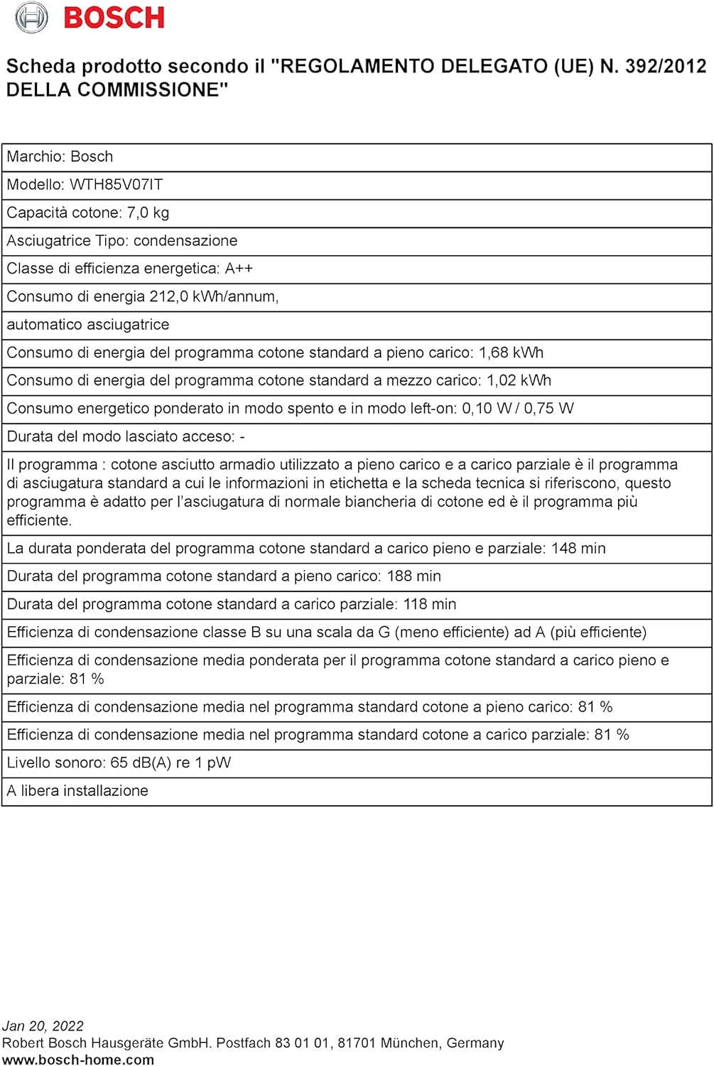 Bosch Elettrodomestici WTH83007II Asciugatrice a Pompa di Calore da 7 Kg, Classe energetica A+ [Classe di efficienza energetica A+]