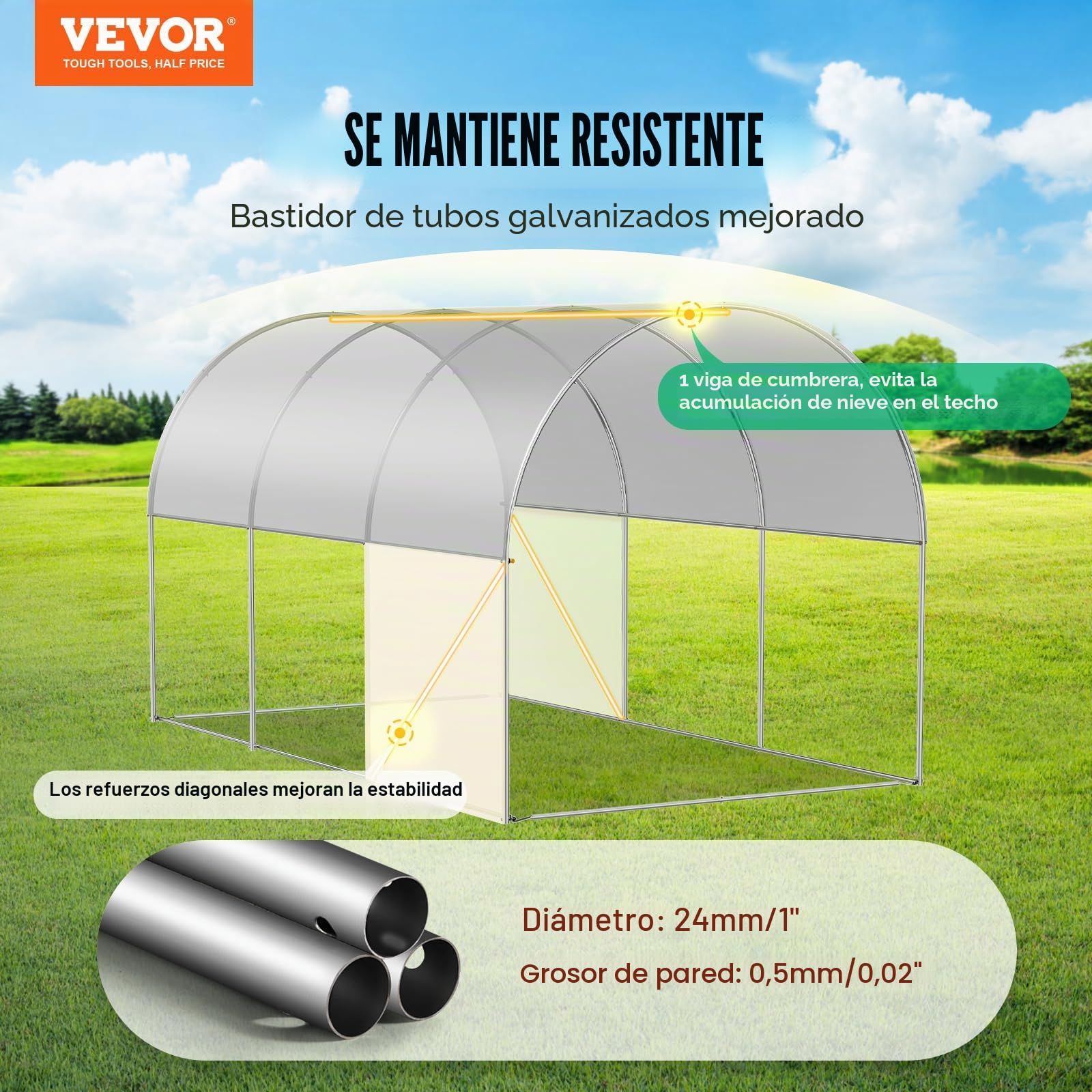 VEVOR Invernadero Túnel 292x196x190 cm Carpa Refugio para Plantas Estructura de Acero Galvanizado Cubierta de PE Puerta Enrollable con Cremallera 6 Ventanas para Cultivo de Verduras Flores, Blanco