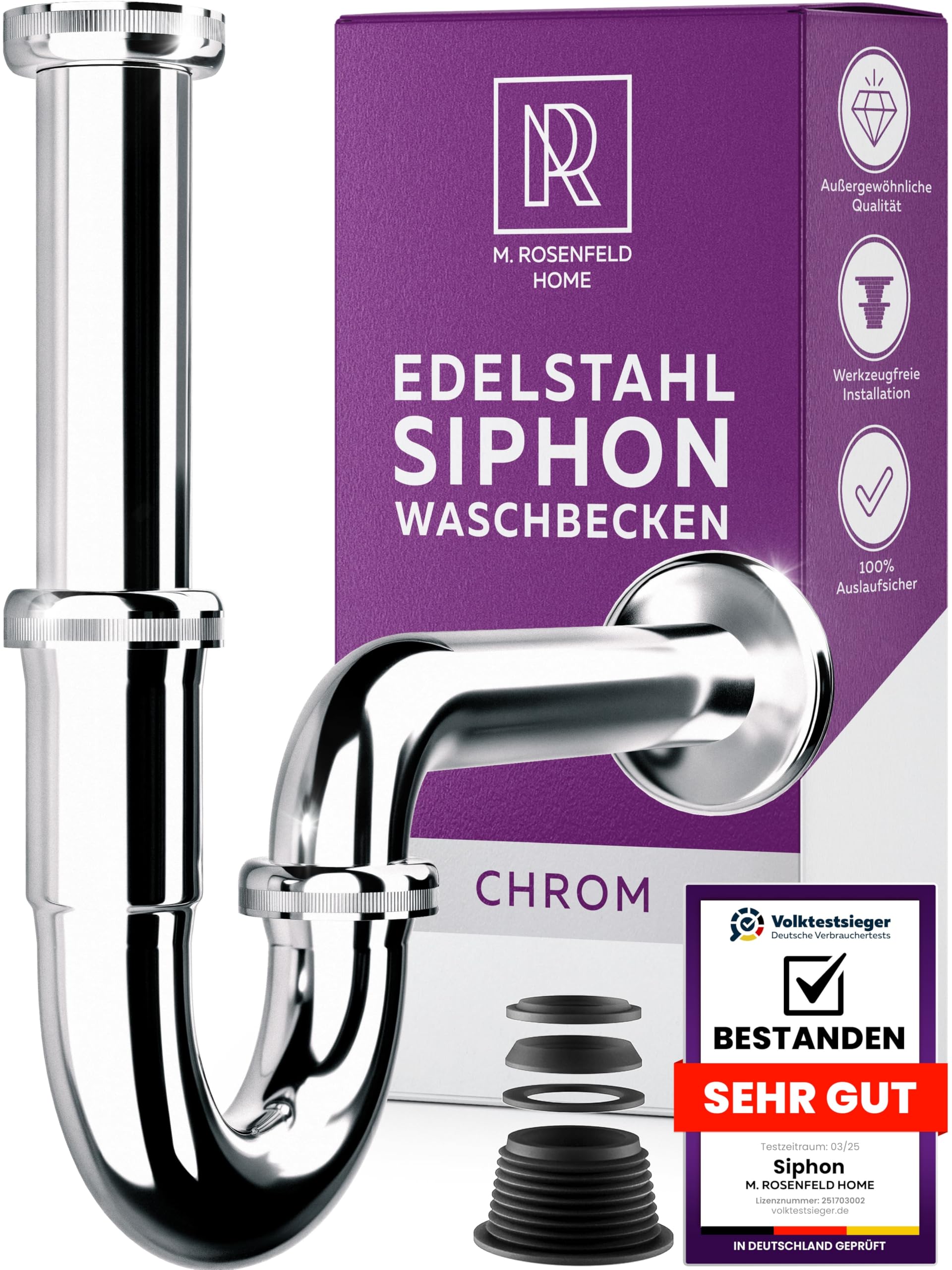 M. ROSENFELD HOME Siphon Waschbecken – Universal Röhrensiphon 1 1/4" für Waschtisch im Bad, Geruchsverschluss mit Abflussrohr, Komplettset mit Dichtungen & Rosette