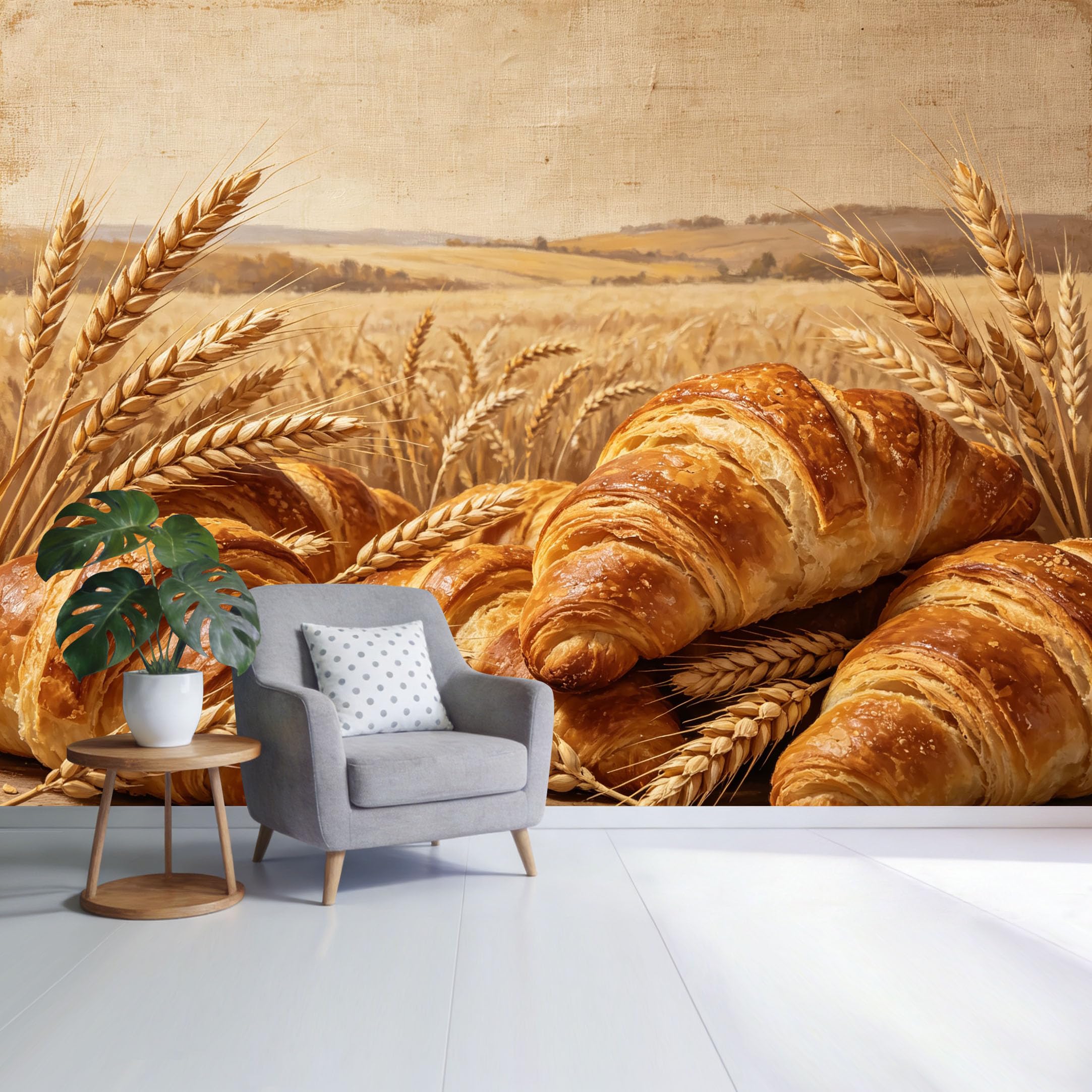 Custom Size Wall Mural Golden Wheat Field and Croissant Bakery Landscape Rustic Farmhouse Style SelfAdhesive Wall Fabric Removable Wallpaper for Home Office Decor