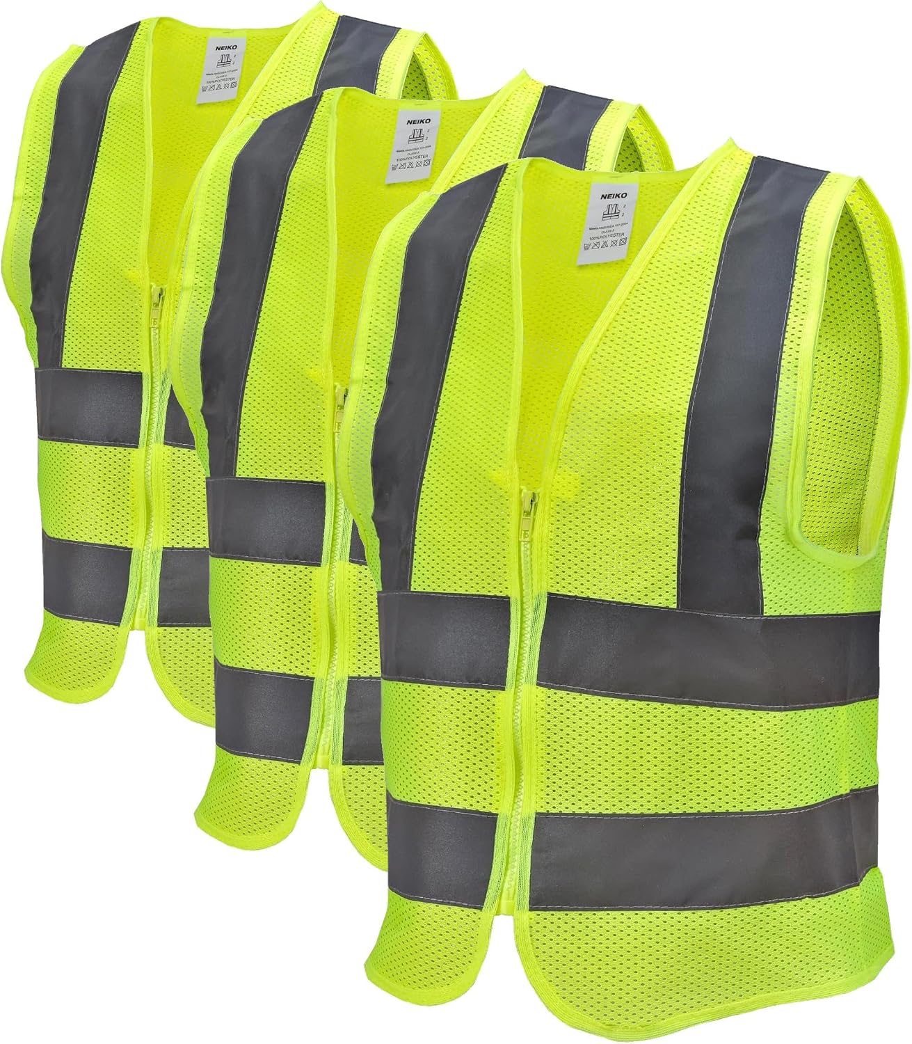 NEIKO 53958A High-Visibility Safety Vest with Reflective Strips for Emergency, Construction, and Safety Use, Neon Yellow, X-Large (Pack of 3)