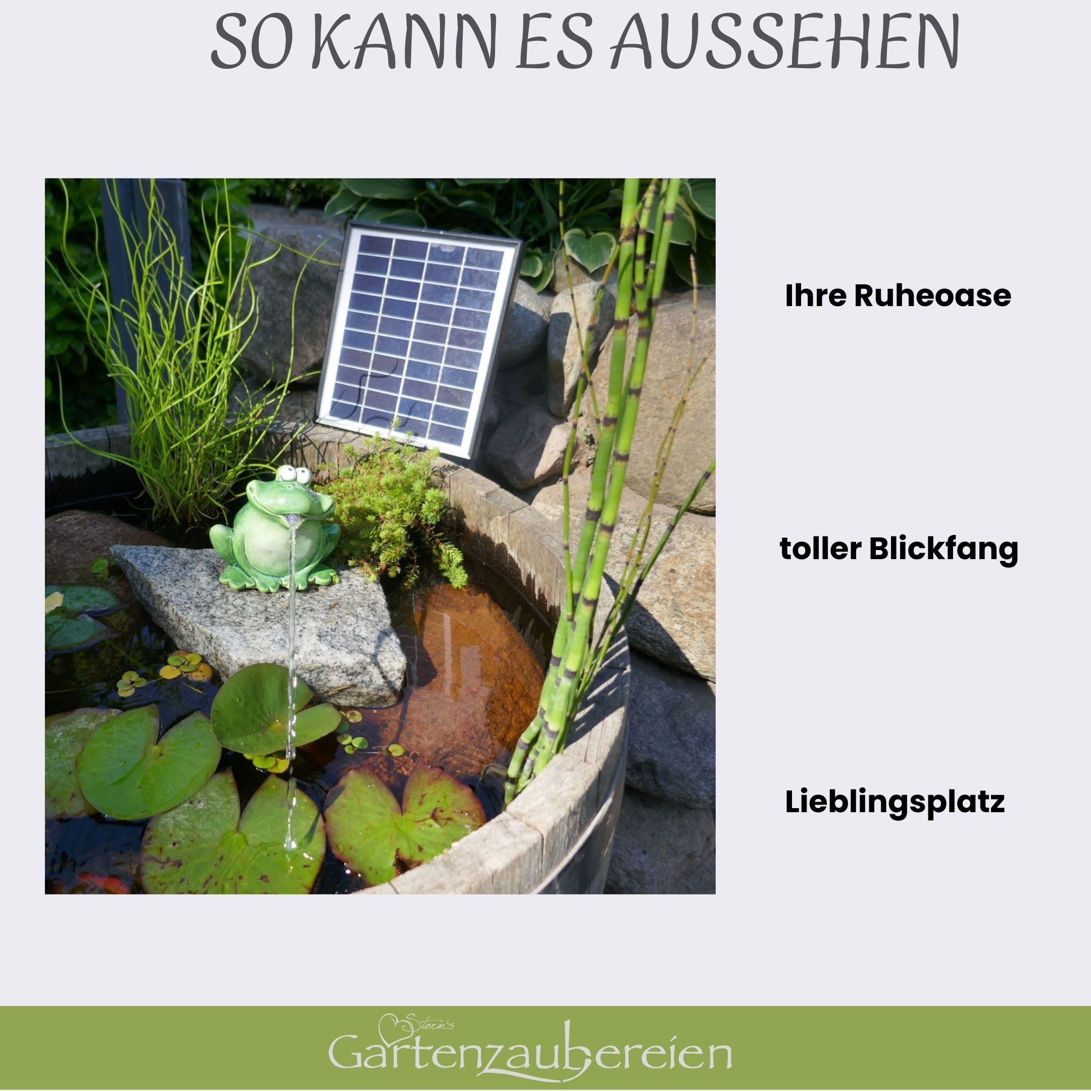 Wasserspeier Frosch mit Akku Solarpumpe 12cm aus Keramik Laufzeit ohne Sonne 4-5 Stunden