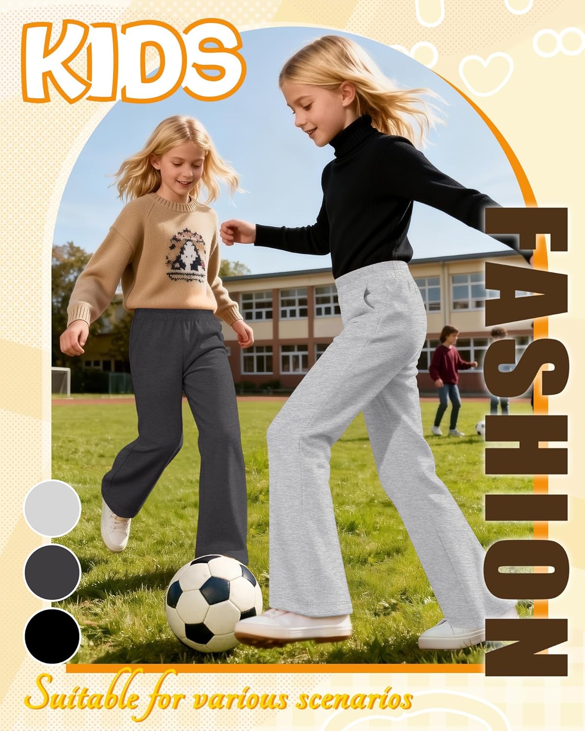 3 Pack Girls' Sweatpants Kids Straight Leg Casual Baggy Joggers Teen Loose Athletic Lightweight Pants with Pocket