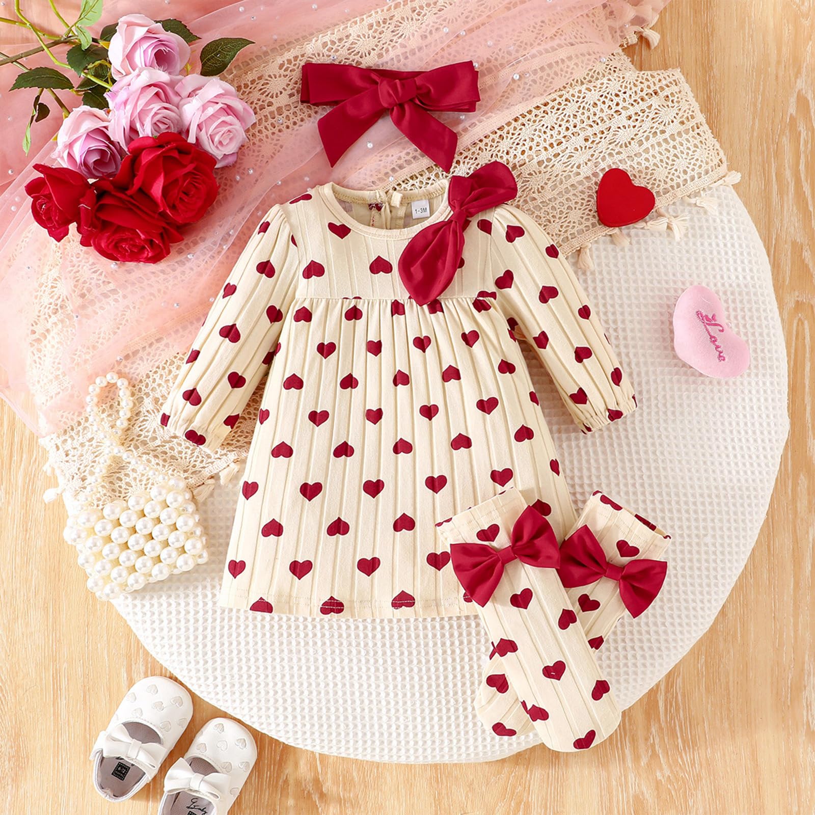 Ensemble 3 pièces pour bébé fille robe à manches longues bandeau à nœud et chaussettes Vêtements imprimés adorables pour bébés de 1 à 12 mois
