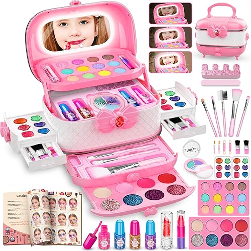 Miniatura 10 de 58 piezas Kit de maquillaje para niños para niña - Juego de cosméticos lavables reales con espejo iluminado - Juegos de maquillaje para niñas