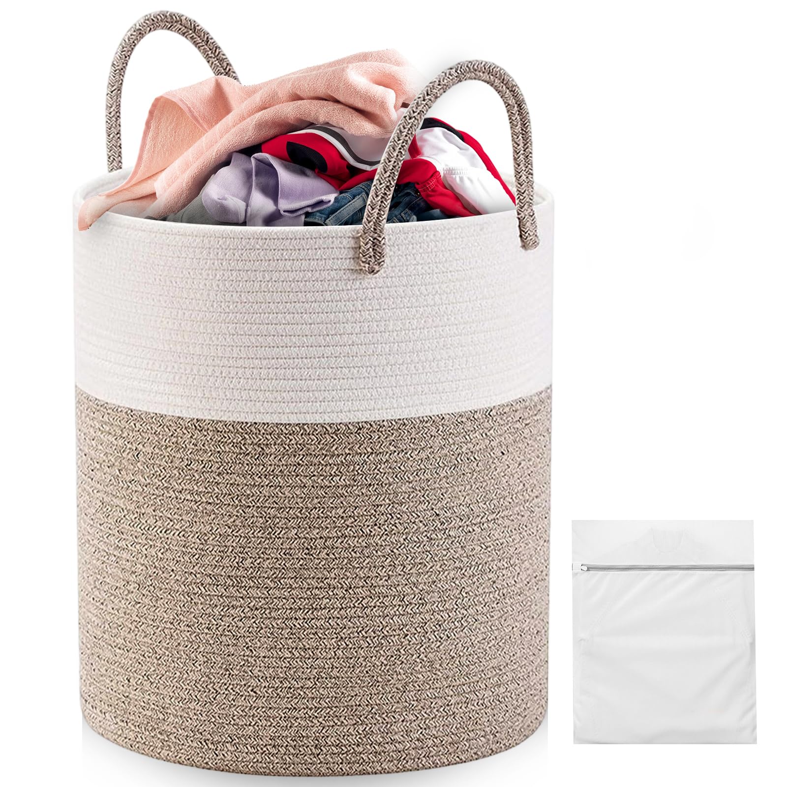 Cesto per il bucato in corda di cotone, 58L – Con 2 borse per il bucato, manici rinforzati, ideale per bucato, giocattoli e coperte(Bianco/Beige)