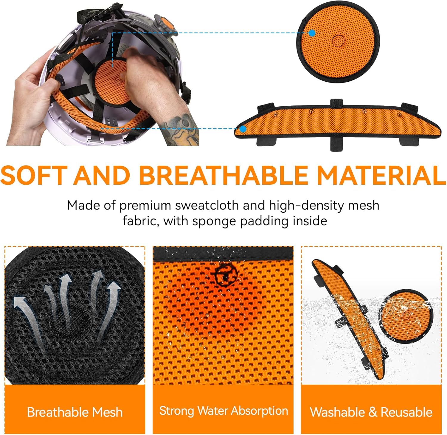 Hard Hat Padding and Sweatband, Hard Hat Cooling Liner Accessories, Suspension Replacement Sweat Band, Washable Insert for Safety Helmet (Orange, 6 Pack)
