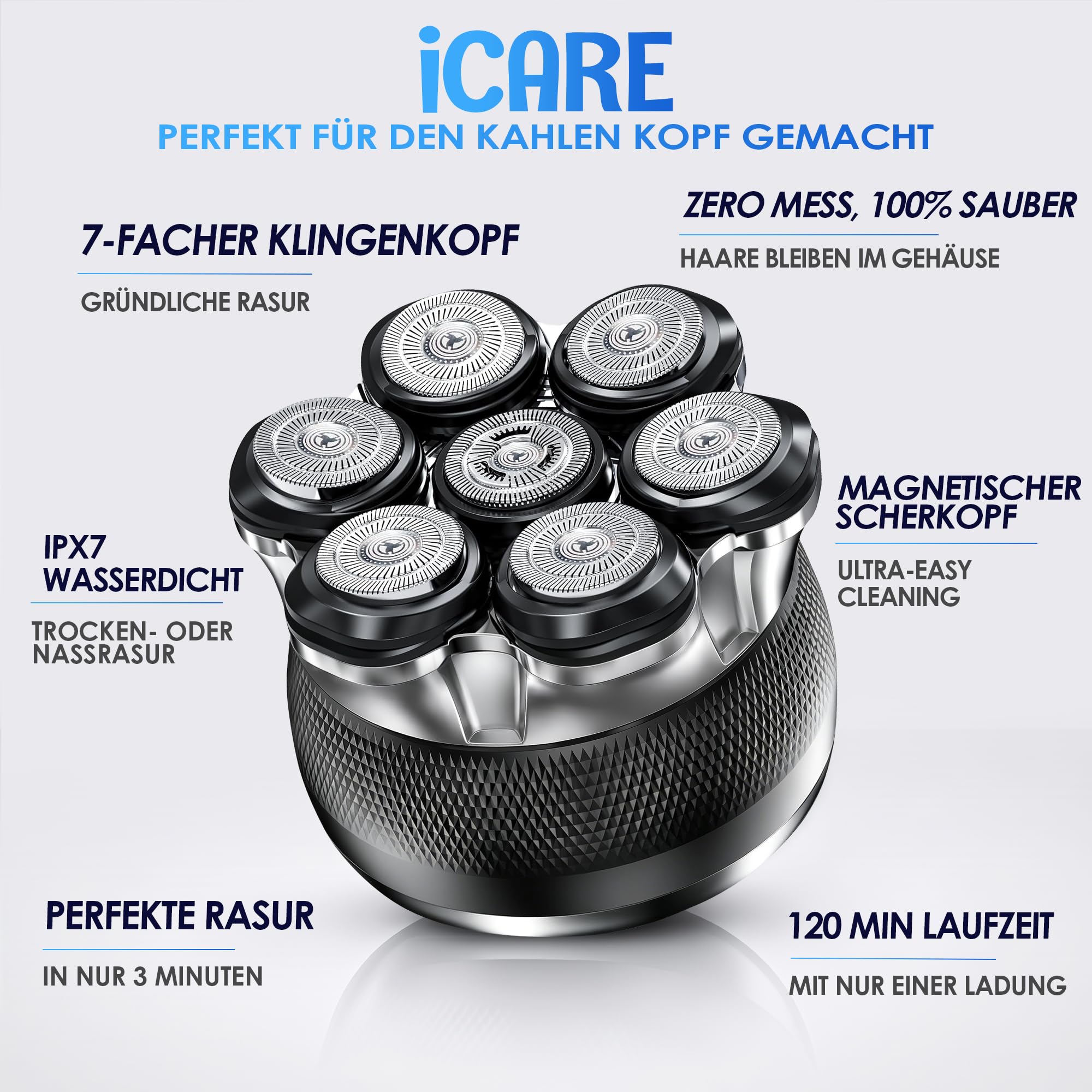 Glatzen Rasierer Herren–ICARE Glatzenrasierer 7D mit Magnetischen Scherkopf