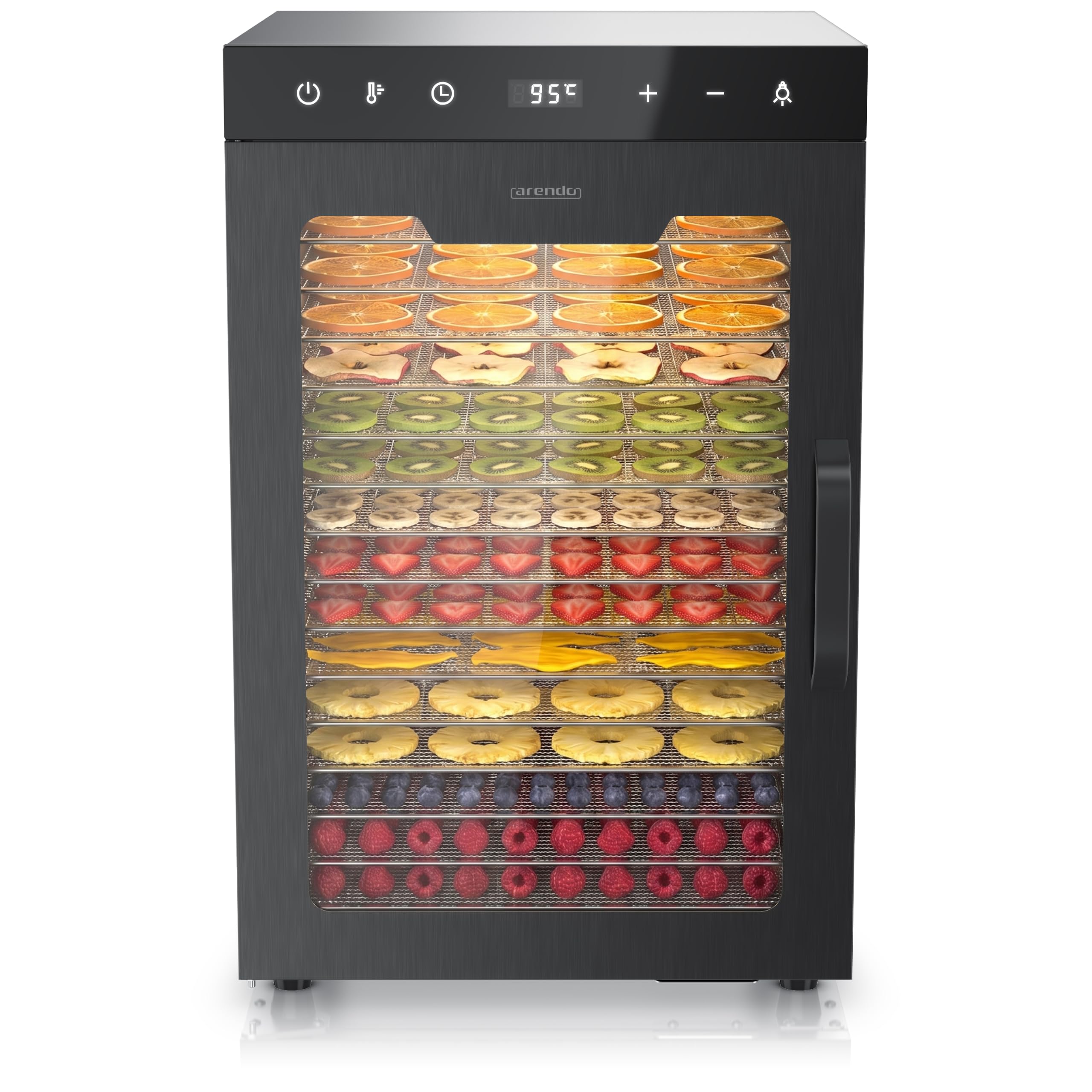 Arendo - Dörrautomat Edelstahl mit 16 Edelstahlgitter - 1000 Watt - 13400 cm² - 8 Programme - Dörrgerät Dehydrator Obsttrockner Dörrapparat - Obst Fleisch Pilze uvm - LED Touch Control