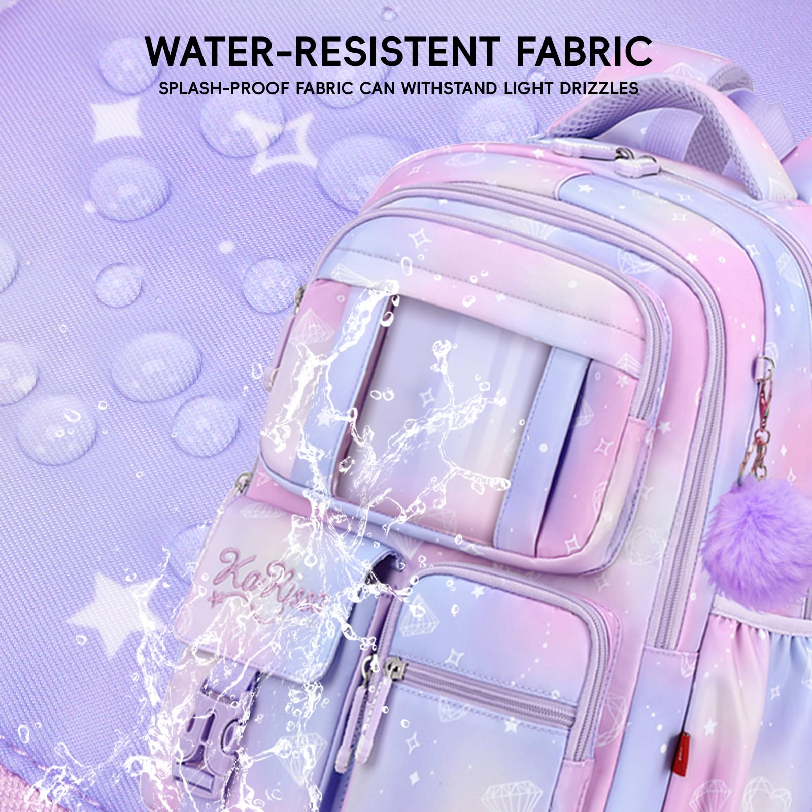 Tanou Set di Zaino Scuola Elementare Bambina alla Moda | 3 Pezzi Traspirante Zaini per Bambini con Borsa Termica e Astuccio, Kawaii Zaino Ragazza in Nylon con Ciondolo, Viola