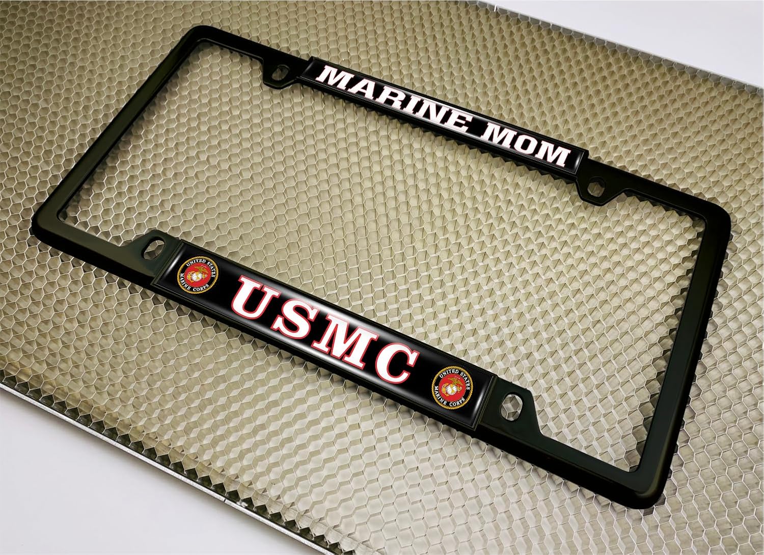 [Officially Licensed US Marine Corps Product] - USMC Marine Mom - Domed Custom-Made Personalized Narrow (Thin) Top 4 Hole Metal Car License Plate Frame with Free caps - Black Frame (Qty: 1)