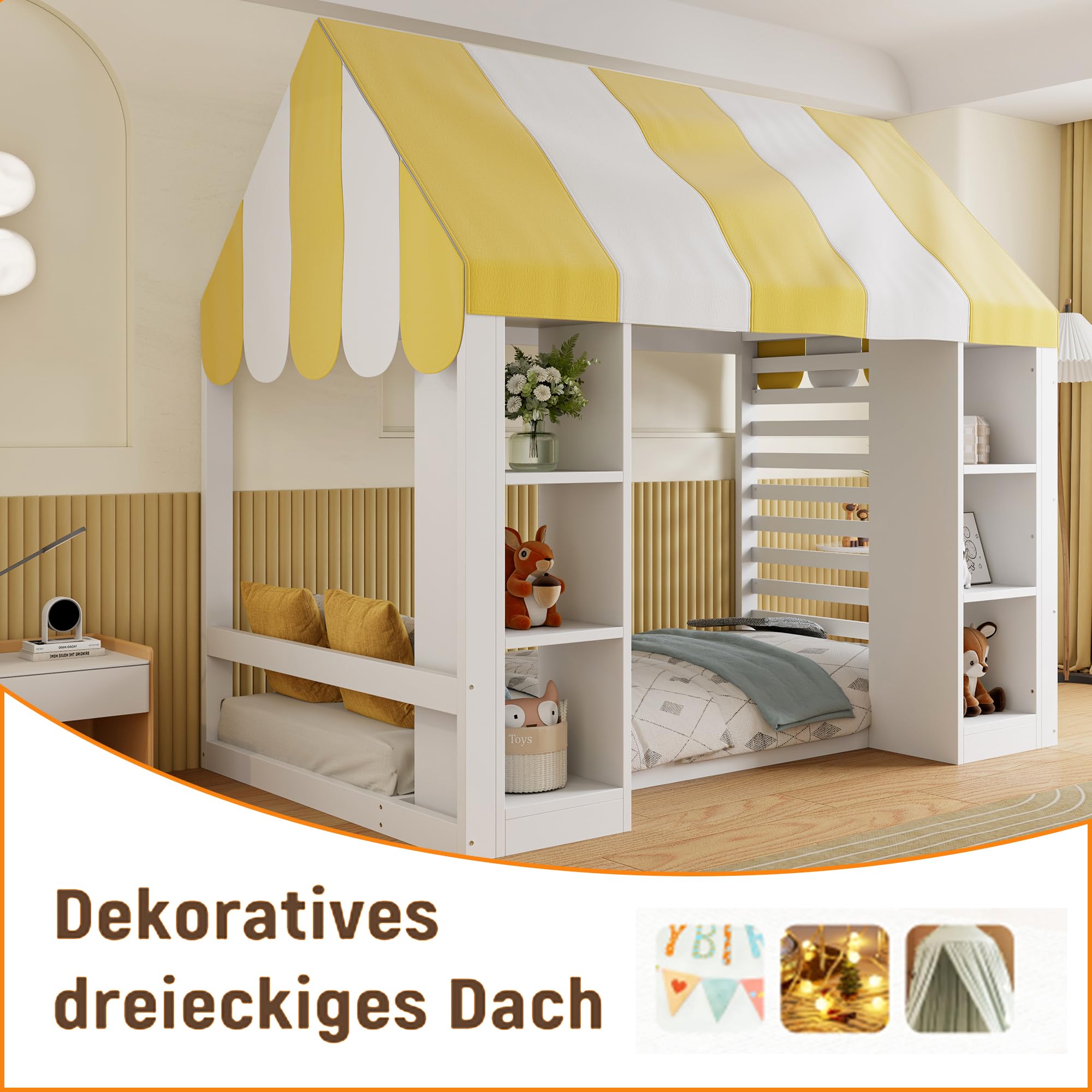 Kinderbett im Landhausstil, 90 x 200 cm, mit Himmelbett, offenem Stauraum vorne und Holzrahmen, weiß