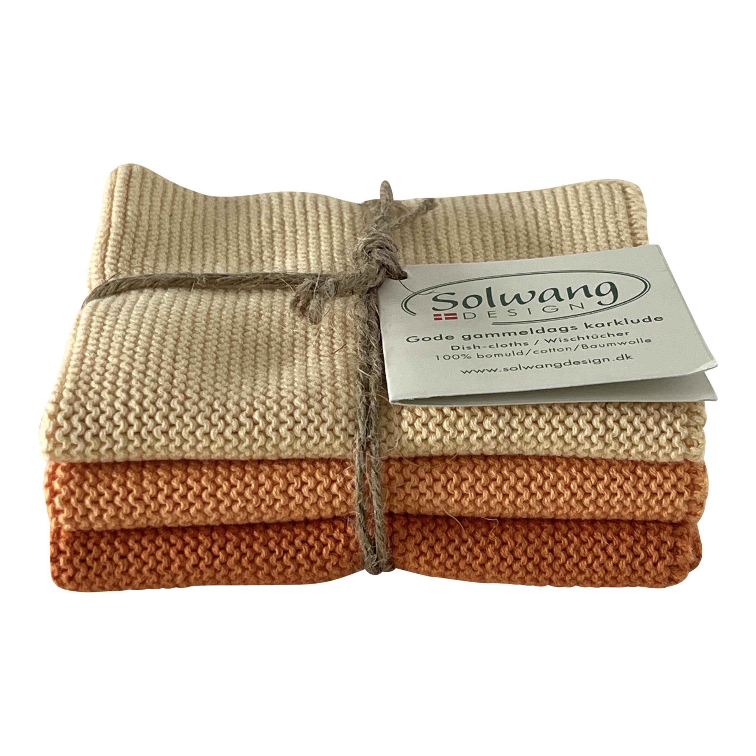 Solwang 3-Piece Danish Cotton Dishcloths in 100% Certified Organic Cotton Made in India (Burnt Orange Organic Combi)