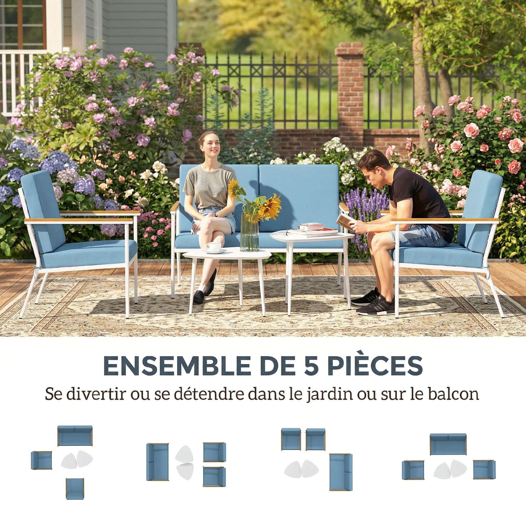 Outsunny Salon de Jardin extérieur 4 Personnes, Salon de Balcon 5 pièces avec canapé, 2 fauteuils et 2 Tables Basses en Verre trempé, Coussins Inclus, mobilier de Jardin Patio terrasse, Bleu Clair