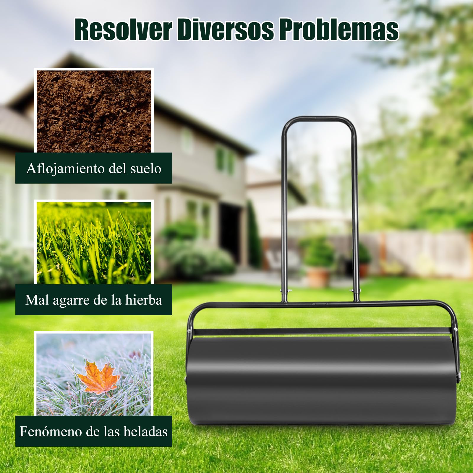 GOPLUS Rodillo de Césped para Jardín de Acero 48 L/63 L, Rodillo Manual Rellenable con Agua o Arena, Apisonadora de Césped (48 L, Negro)