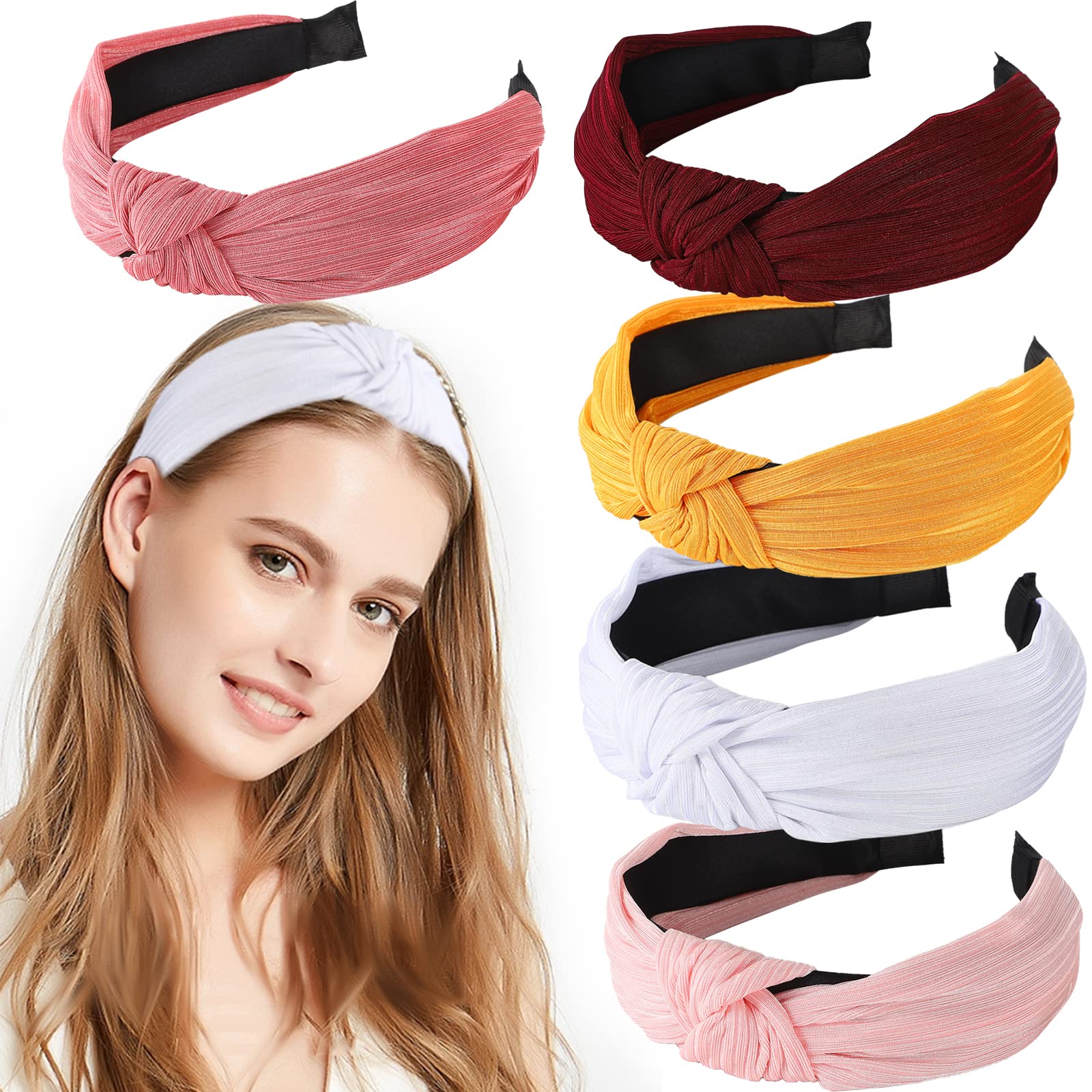 LOVNFCWomens Headbands, 5Pcs Knotted Head Bands No Slip Fashion for women Girls red pink white yellow(Mixed Color B)