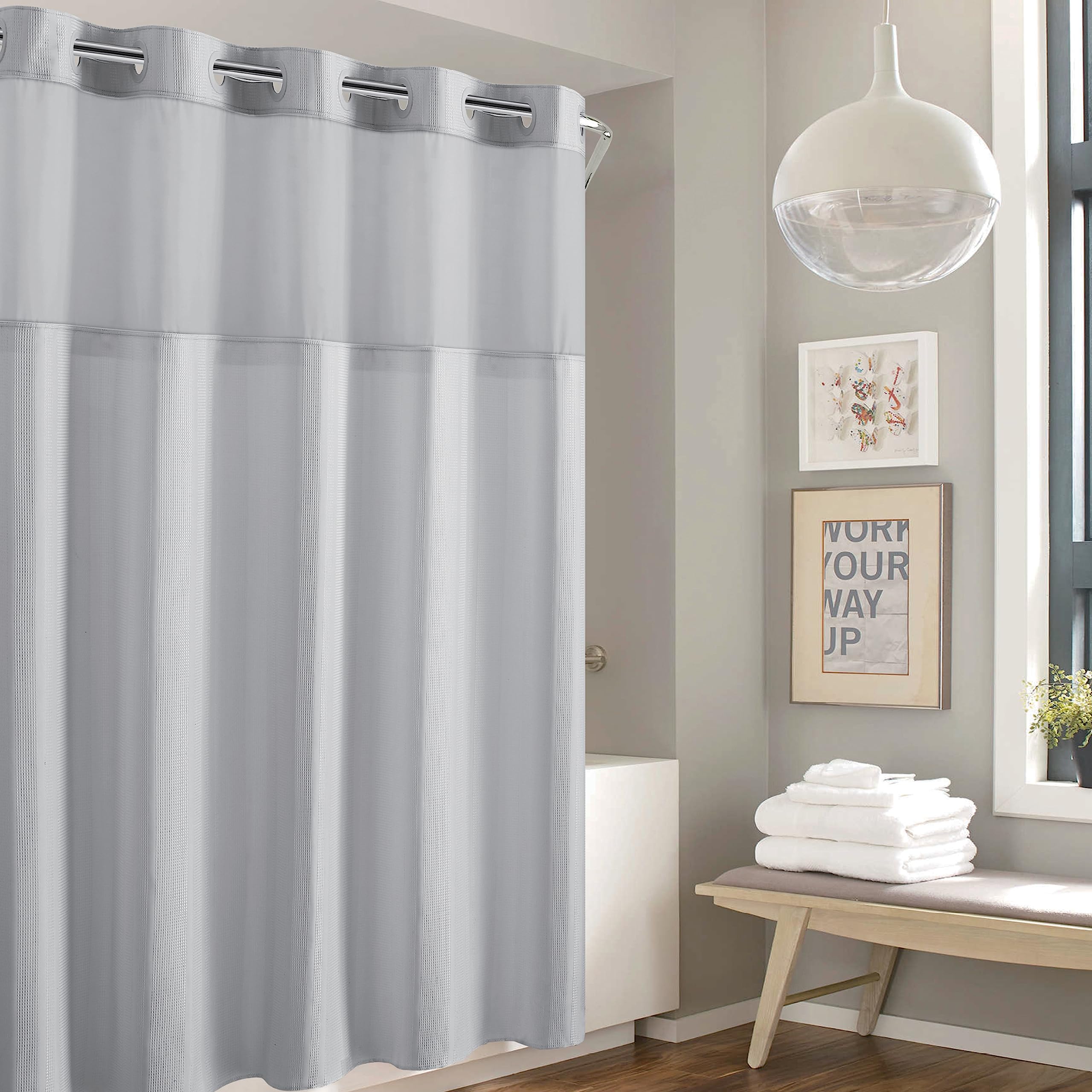 Hookless It’s A Snap! Waffle Stripe Shower Curtain, 2-in-1 Shower Curtain Includes Fabric Shower Curtain with Sheer Top Window and Flex-On Rings, Liner Compatible, 71” x 74”, Light Grey