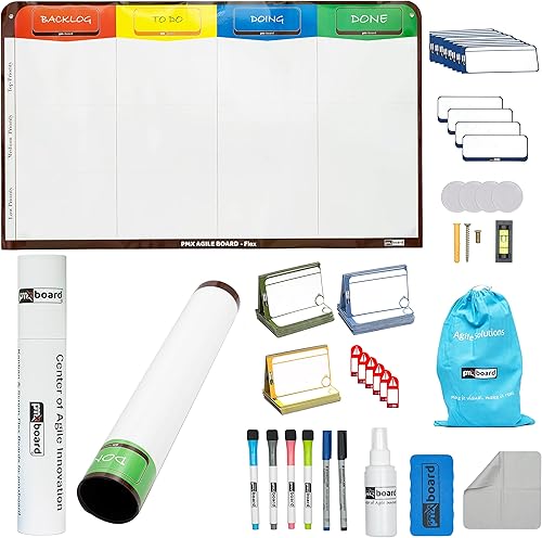 pmxboard Tablero Kanban magnético y tablero magnético Scrum Kit completo flexible de 4 columnas, juego de tablero de gestión ágil, 64 tarjetas