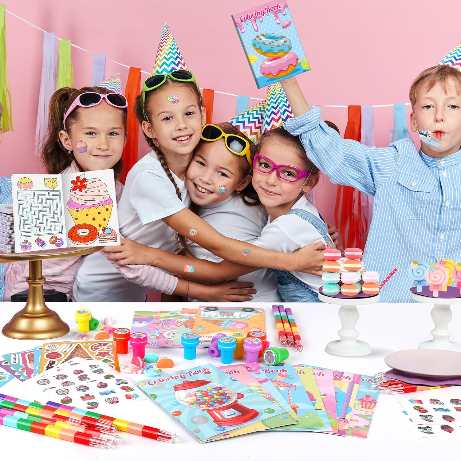 BenLouis 168Pcs Candyland Party Favors Ice Cream Donut Coloring Book Crayon Stickers Set Bulk for Kids Cupcake Lollipop Sweet Treats Birthday Gift Bag Desserts Pinata Filler Classroom Reward Crafts