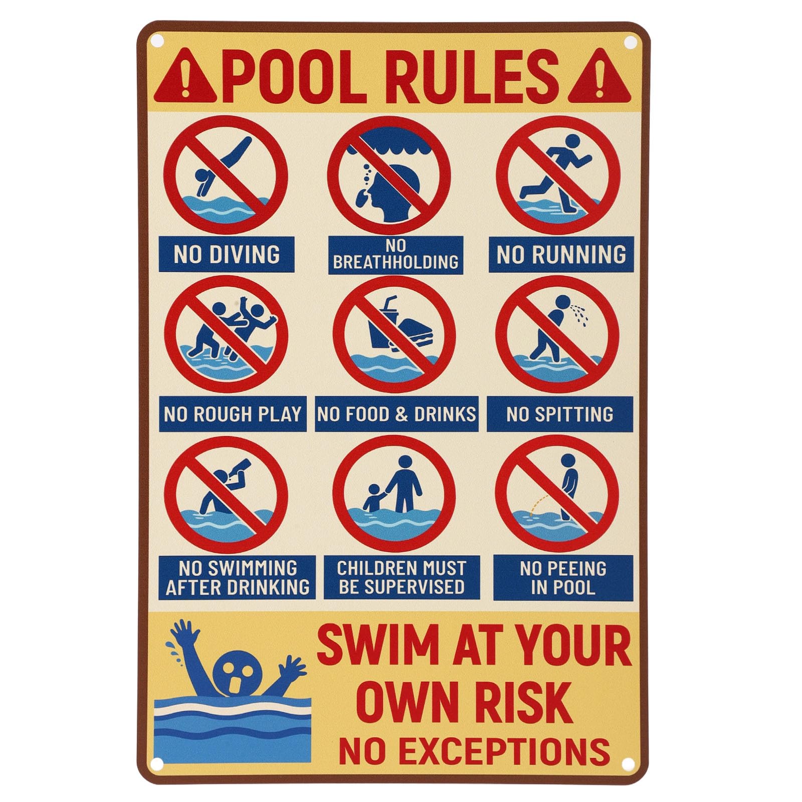 Pool Rules Sign, 20X30cm/8x12in Aluminum Alloy Swim at Your Own Risk No Diving Exceptions Swimming Sign Reflective Waterproof Retro Pool Decor for Outdoor Patio Backyard Beach Wall