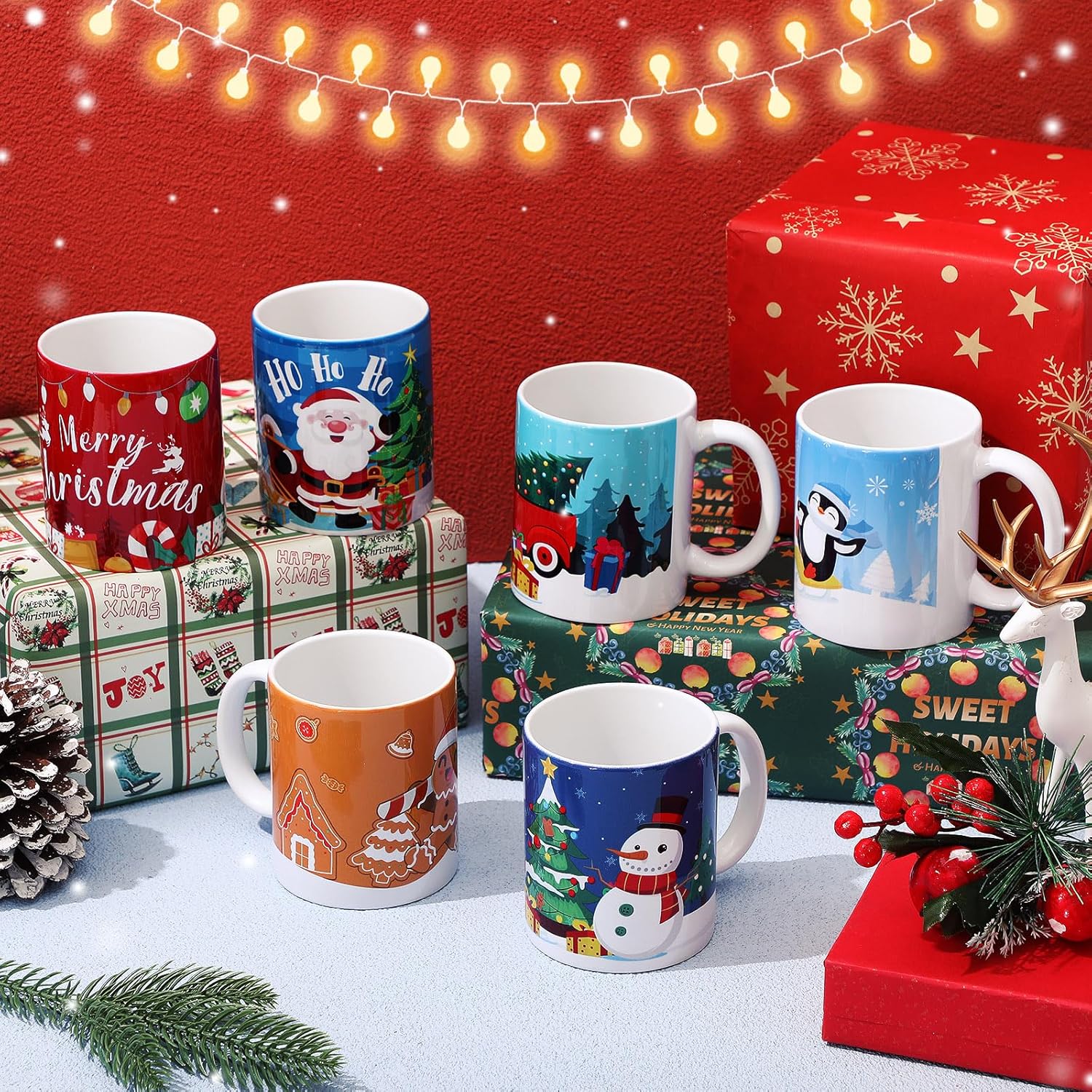 Christmas Coffee Mugs Set of 6 12 Oz Multicolor Ceramic Coffee Cups with Santa Snowman Reindeer Gingerbread Hot Cocoa Mugs for Women Men Christmas Gift Table Centerpieces Party Decor