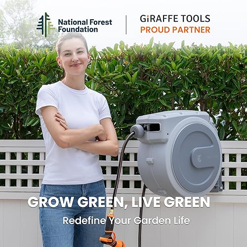 Miniatura 6 de Giraffe Tools Carrete de manguera de jardín retráctil, carrete de manguera resistente de 58 pulgadas x 90 pies con boquilla de 9 patrones, bloqueo