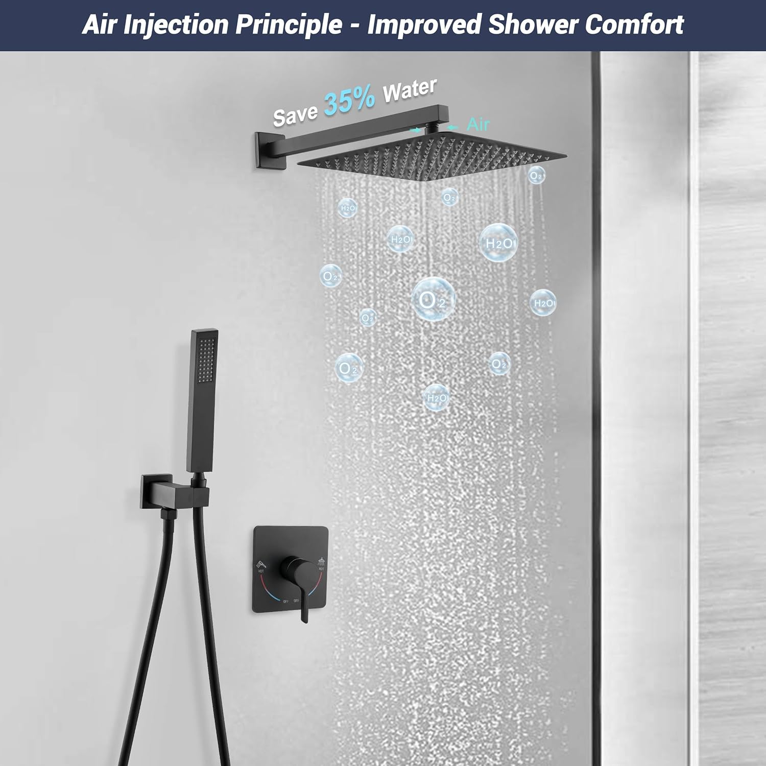 Matte Black Rainfall Shower System with Shower Head and Square Handheld Shower Head,High Pressure Bathroom Luxury Rain Mixer Shower Complete Combo Set,Wall Mounted,12 Inch Rainfall Shower Head