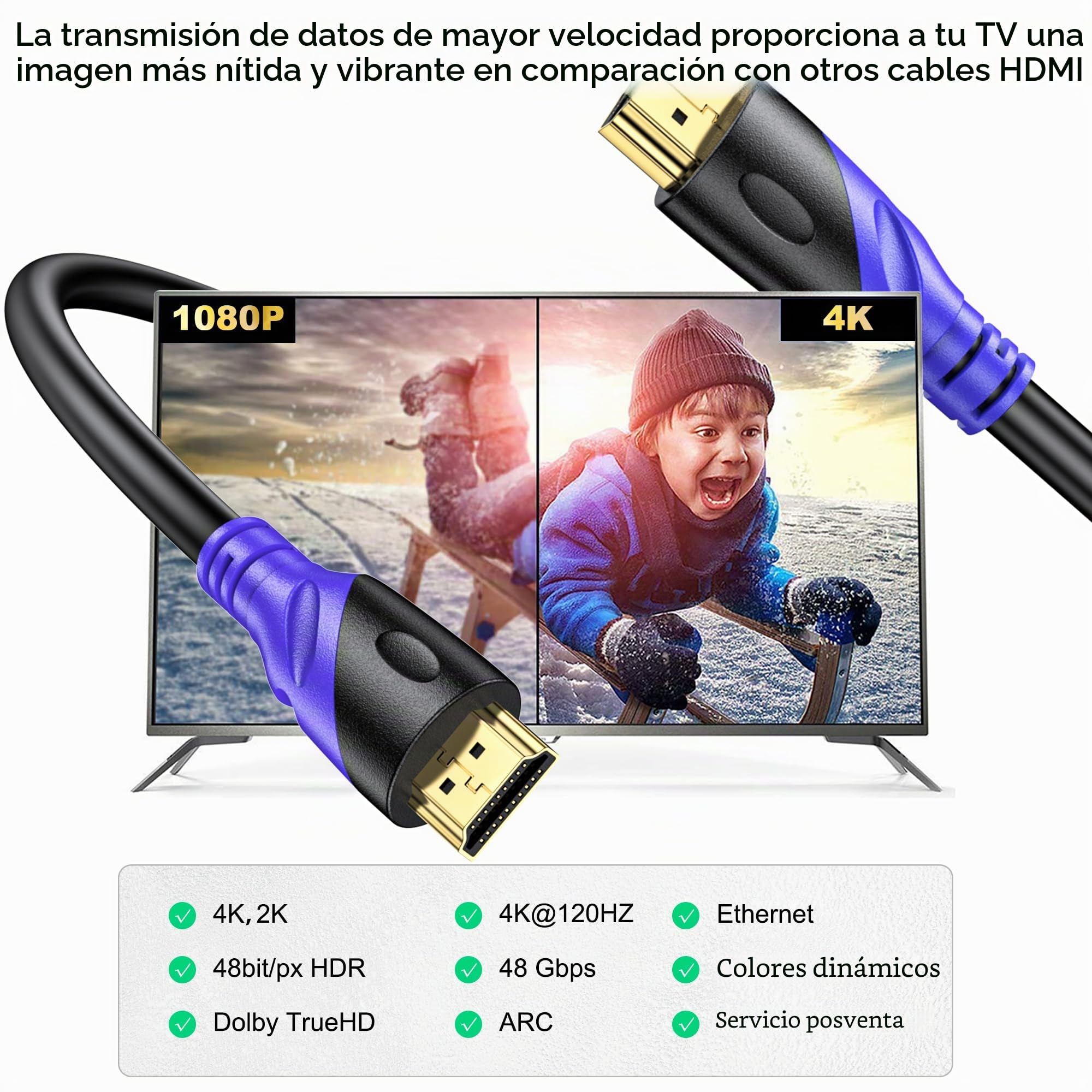 Cable HDMI 4K/60HZ 25M (HDMI 2.0,18Gbps) Conectores chapados en oro de ultra alta velocidad, Retorno de audio Ethernet, Video 4K, FullHD1080p 3D Compatible con Playstation Arc PC HDTV