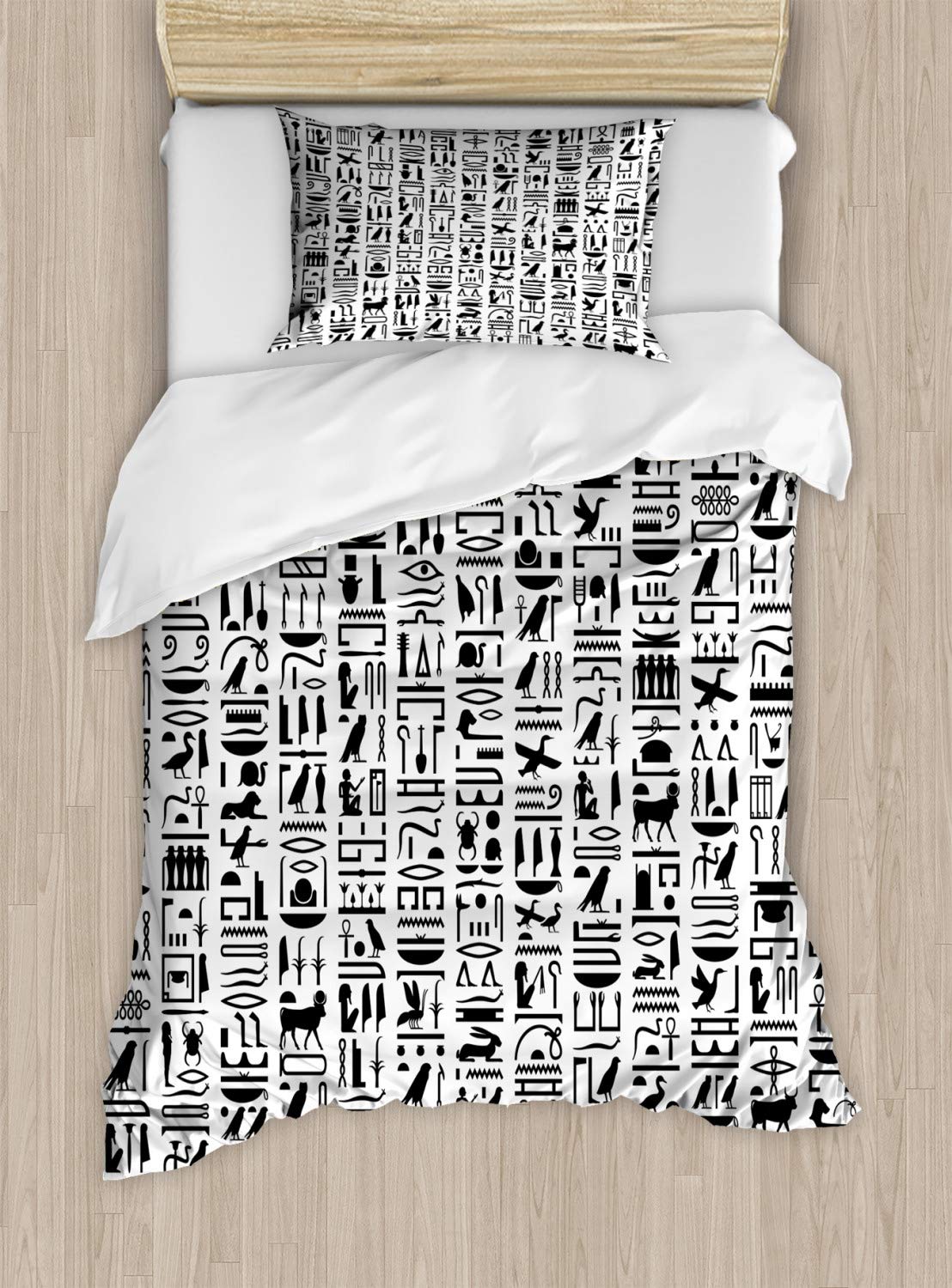 ABAKUHAUS Egipcio Funda Nórdica, Monocromo jeroglíficos, Decorativo 2 Piezas con 1 Funda de Almohada, 130 x 200 cm - 70 x 50 cm, Blanco Negro