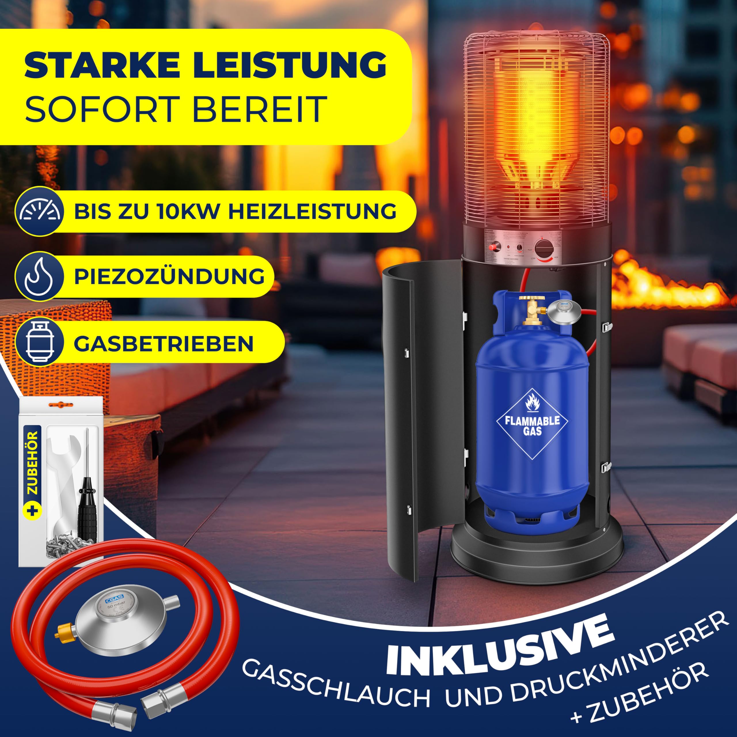 KESSER® Chauffage à gaz KE12 | Chauffage de terrasse | Radiateur extérieur | Chauffage extérieur 12,5 kW | Chauffage d'extérieur à gaz | Chauffage radiant | Appareil de chauffage, noir