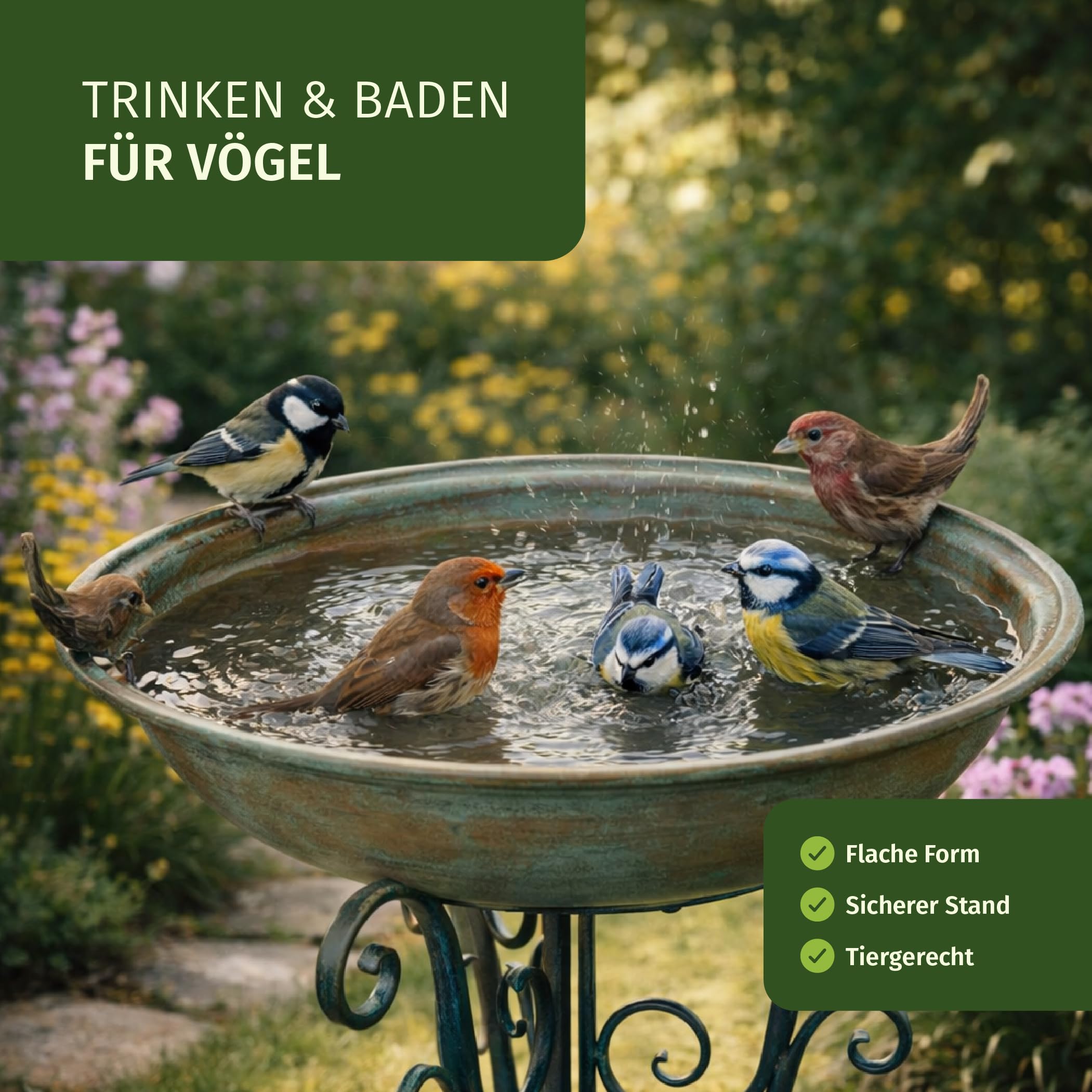 Moritz Bebedero para pájaros XL blanco con pequeño pájaro en el cuenco de agua, altura 73 cm, estanque para pájaros, bebedero de agua decorado para jardín resistente a las heladas