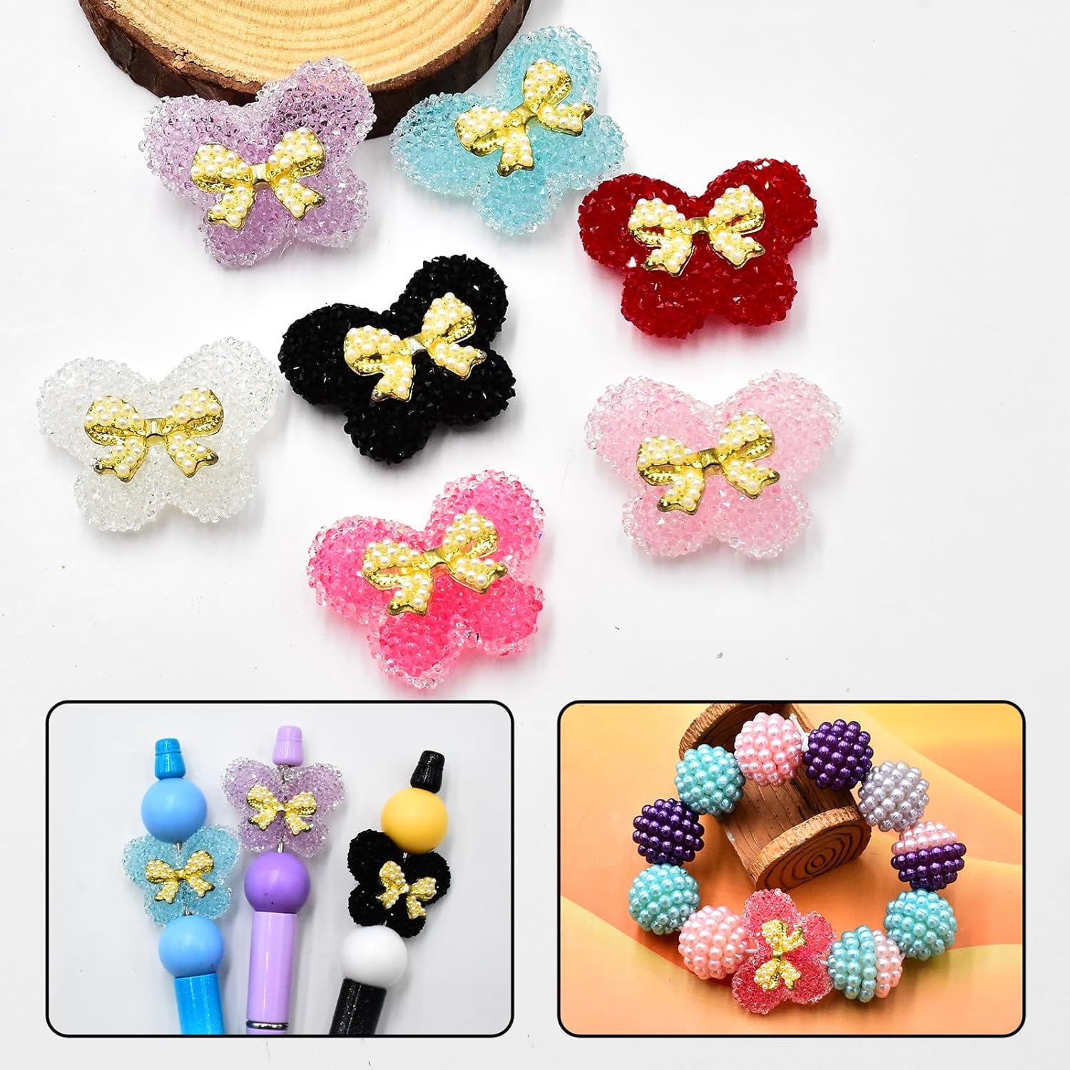 7 PCS Rhinestone Focal Beads for Pens, Glitter Sparkle Diamond Butterfly Shaped Bead for Jewelry Making,Large Crystal Rhinestone Beads Bulk for Keychain Bracelet Necklace DIY Handmade Crafting - Image 3