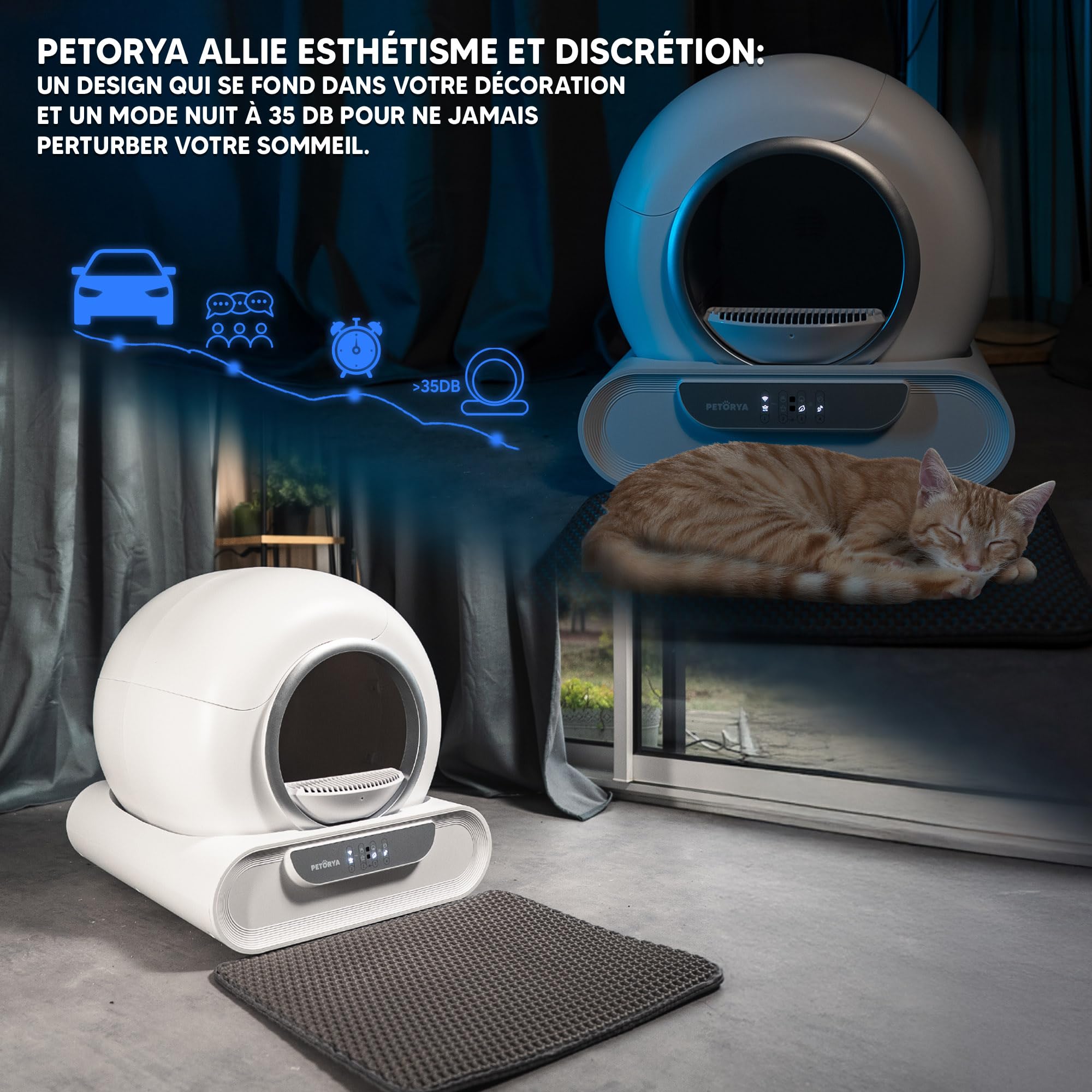 Litiere Chat Autonettoyante PETORYA, Bac à Litière Automatique, Anti-Fuites/Anti-Pincement/Anti-Odeur/Secure/Contrôle APP/Nettoyage Facile, Capacité XXL de 65L pour Plusieurs Chats