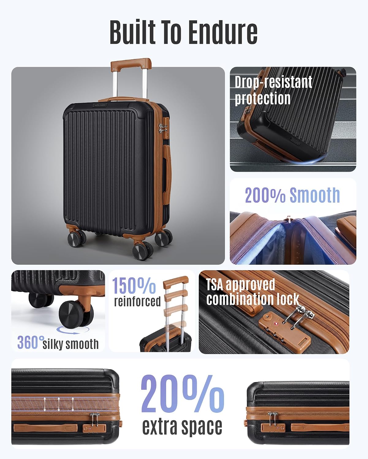  20 Inch Carry On Luggage 22x14x9 Airline Approved, Black Brown thumbnail