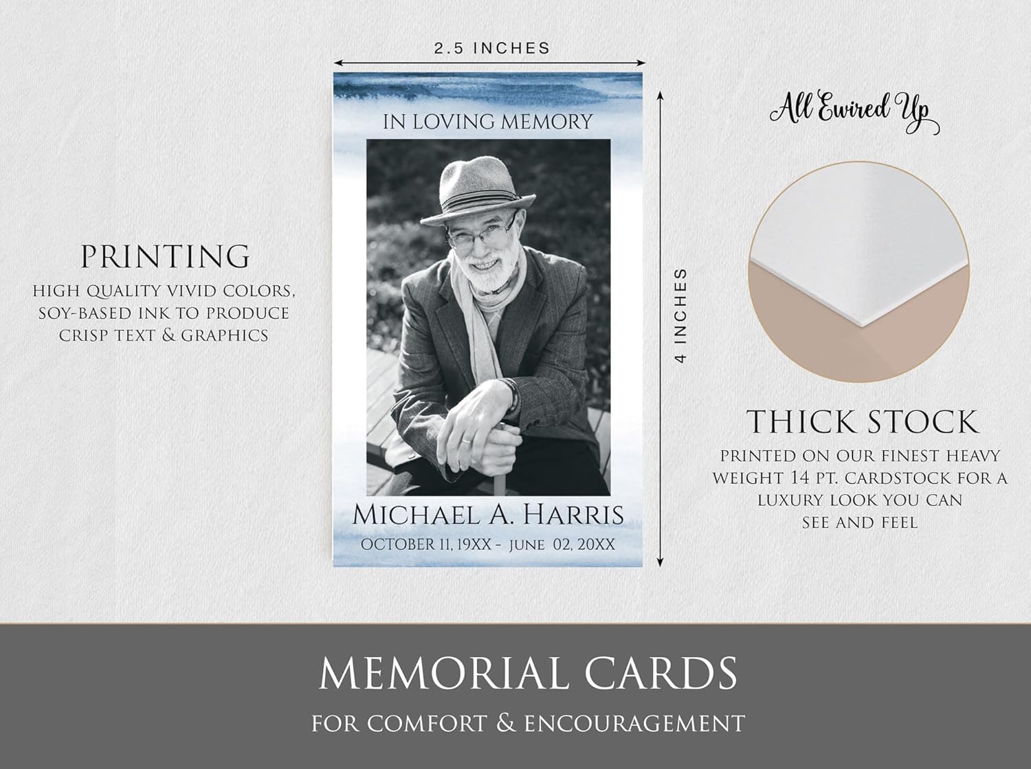 Funeral Memorial Prayer Cards, Double-Sided, Photo Personalized with Prayer, Poem, Memory Card, Celebration of Life Bereavement Poems, Comfort, Remembrance, Blue Watercolor, Funeral Favors
