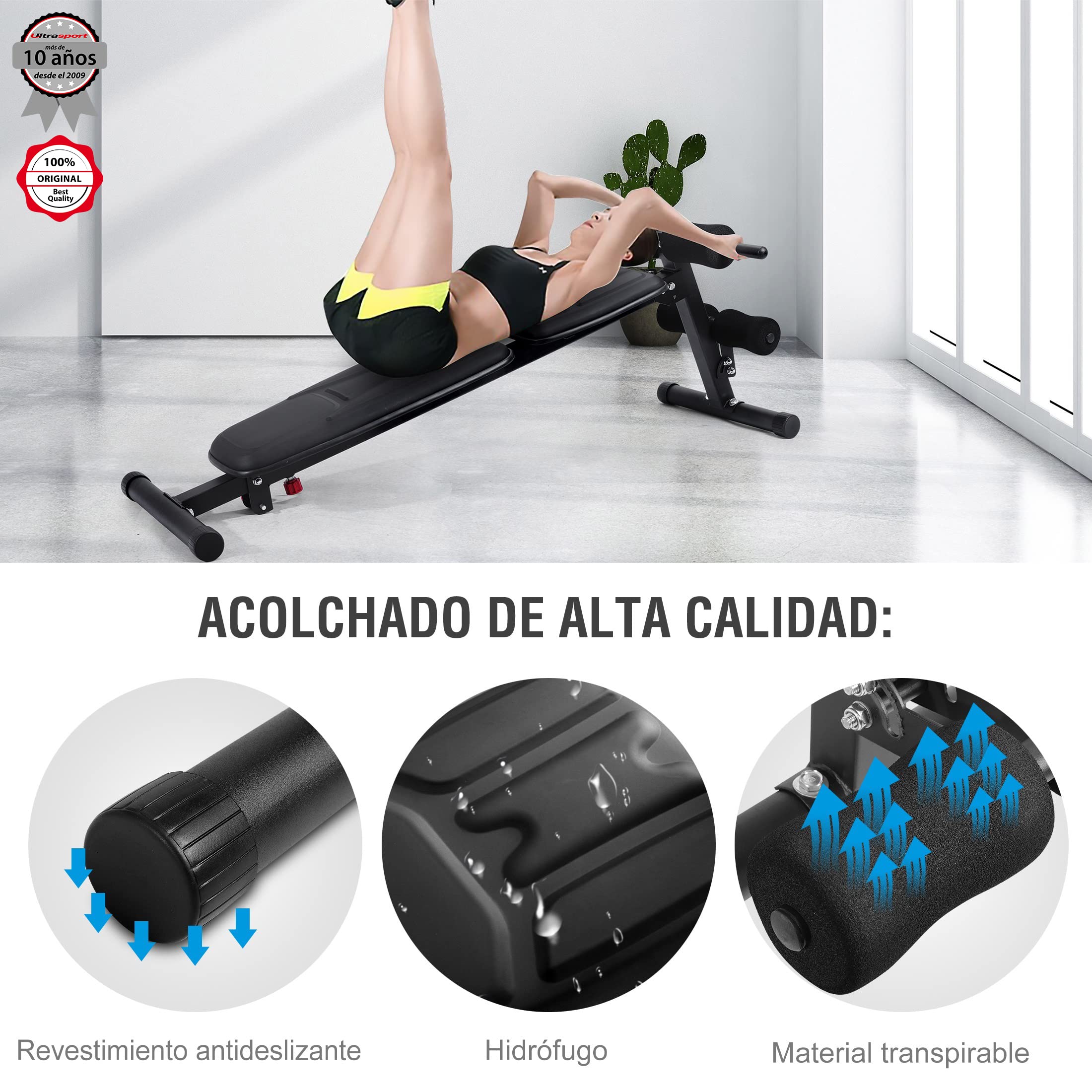 Ultrasport banco de pesas, multifuncional, plegable, banco plano, banco de abdominales, ajustable en 18 posiciones, repelente al agua, entrenador de abdominales, capacidad de carga hasta 500 kg