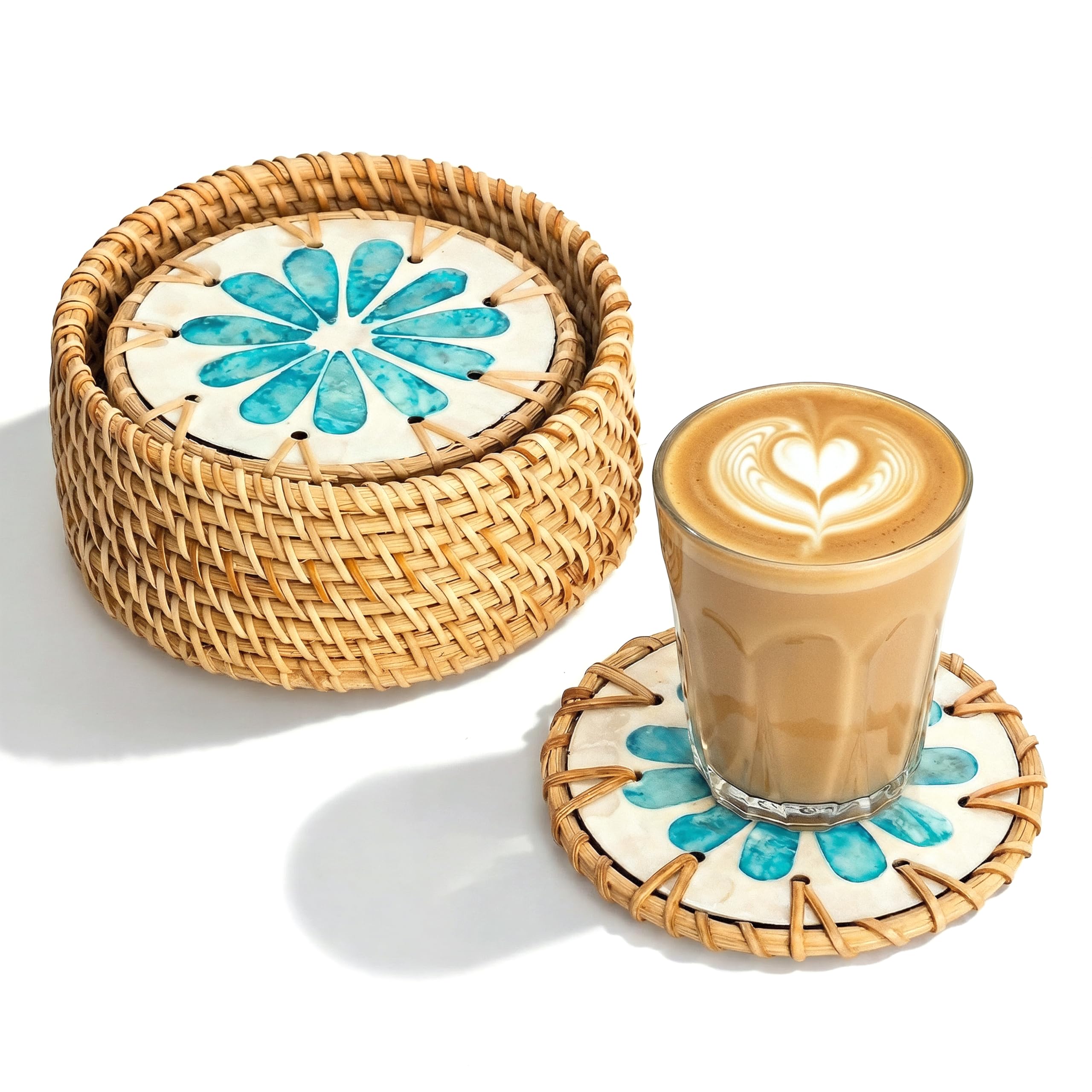 Jungle Culture Ripple Mother Of Pearl Rattan Coasters For Drinks With Holder • Handmade Round Coaster Set Of 6 • Sustainable Homeware • Coffee Table, Tiki Bar, Mugs, Glasses, Cups • Coastal Boho