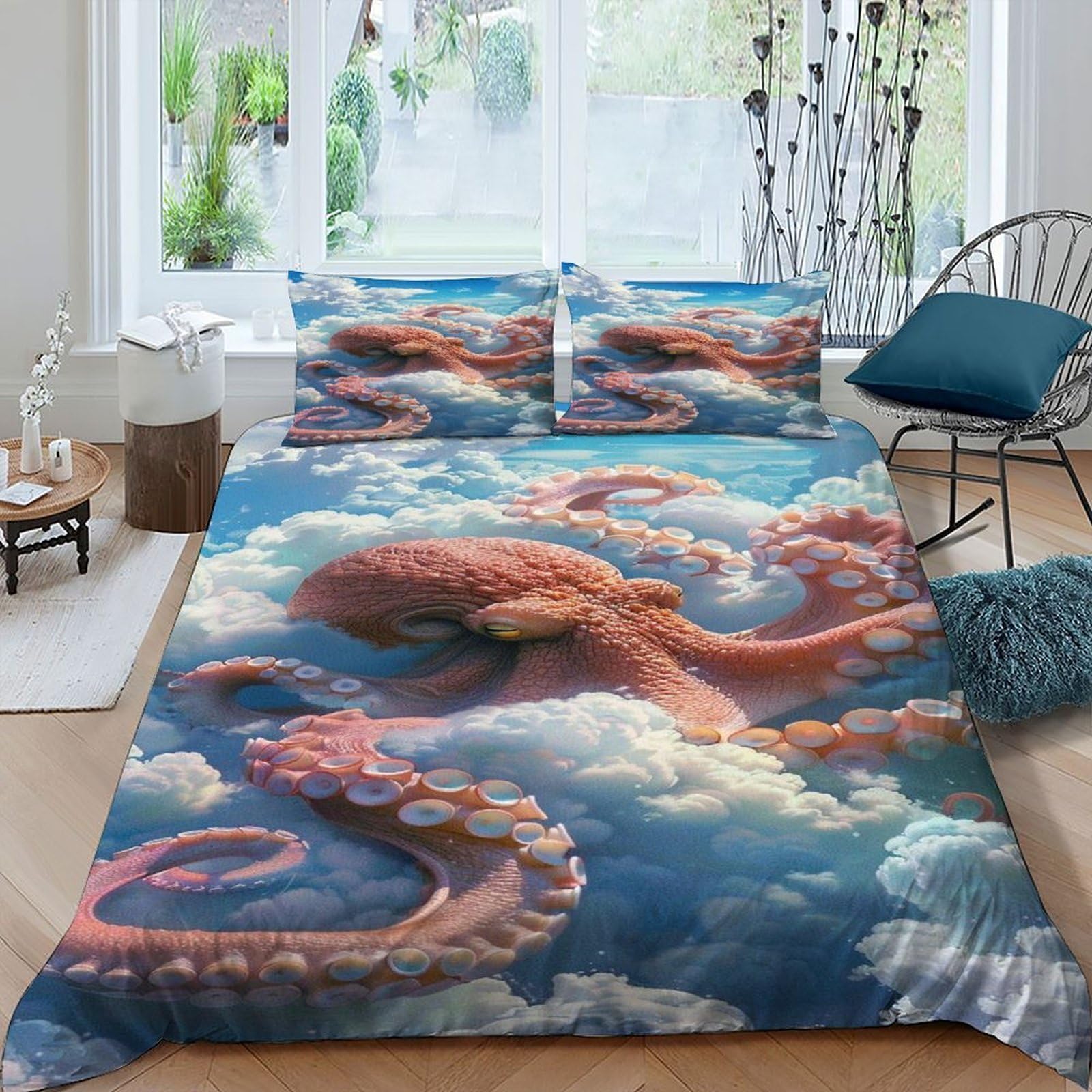 Octopus Clouds Bedding Set Digital Printe Animal Theme Wildlife Marine Animal Duvet Cover Set Microfiber Quilt Cover Suitable for Family,couple,children Pillowcase King（220x240cm）