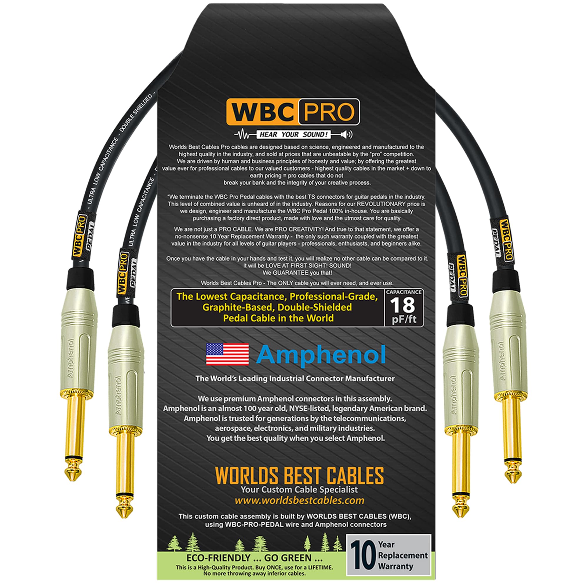 2 unidades – 15 pulgadas – Pedal WBC-PRO-– 22 AWG – Tapa baja (18 pF/pies) – Grado profesional – Basado en grafito – Pedal de doble blindaje, efectos, parche, cable de instrumento y conectores