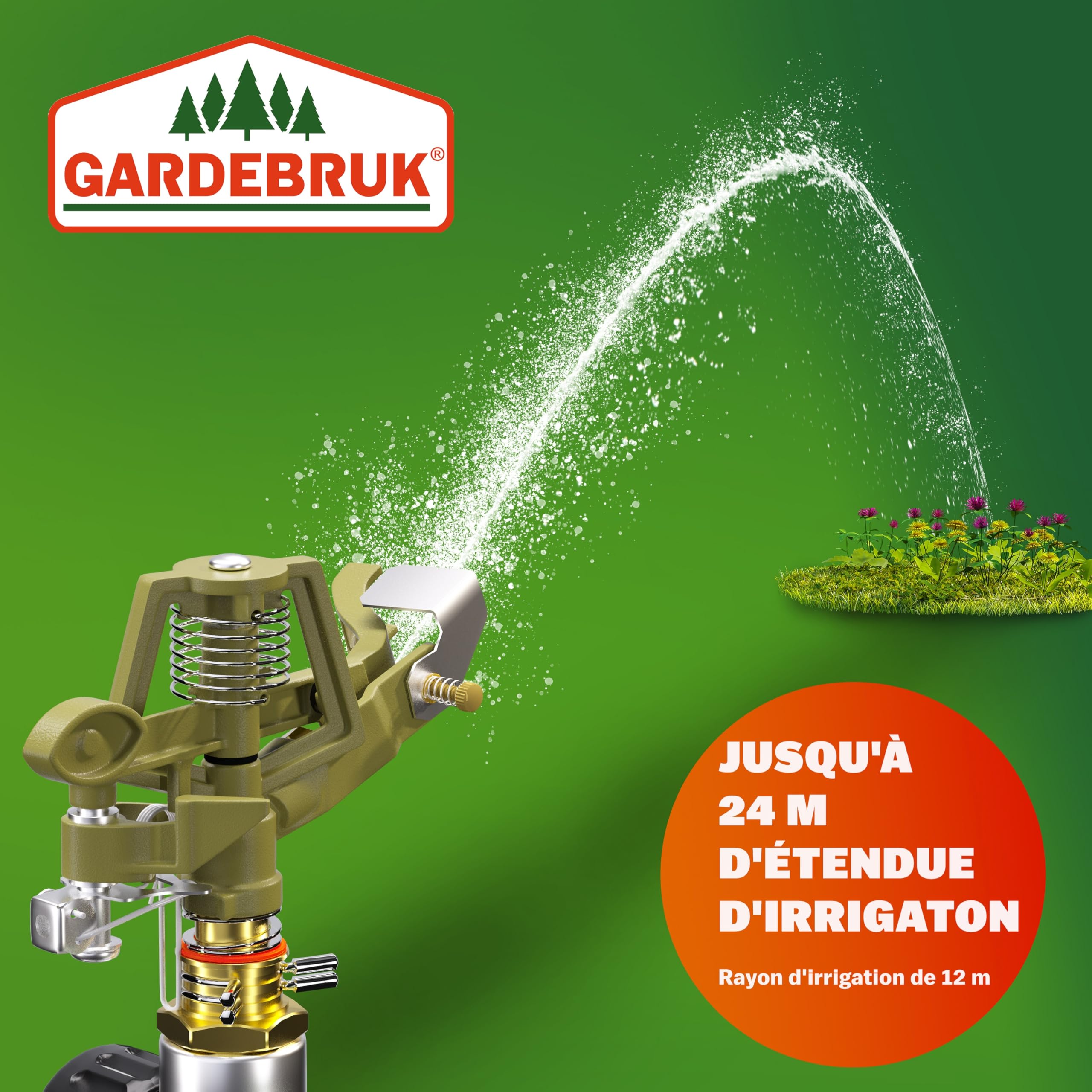 2X Arroseur Jardin Sprinkler Piquet de Terre Irrigation jusqu'à 24m 360° Embout pulvérisation irrigateur arroseur à impulsions Max. 450m²