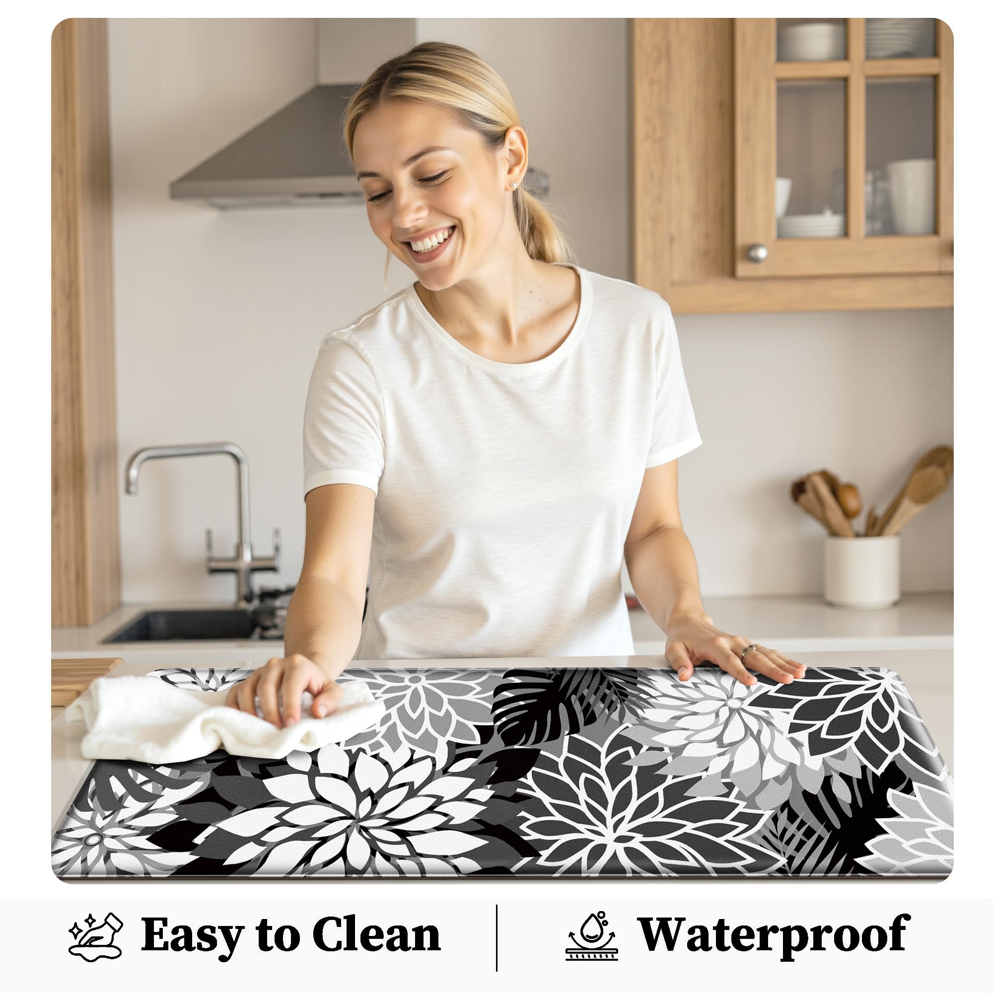 Arenarug Kitchen Mats for Floor 2 Piece Cushioned Anti Fatigue Kitchen Mats Waterproof Non Slip Kitchen Mat Rug Set Comfort Foam Standing Mat for Sink, Laundry, Office, Black White: Black White 17.3"x30"+17.3"x47"-0.4 inch